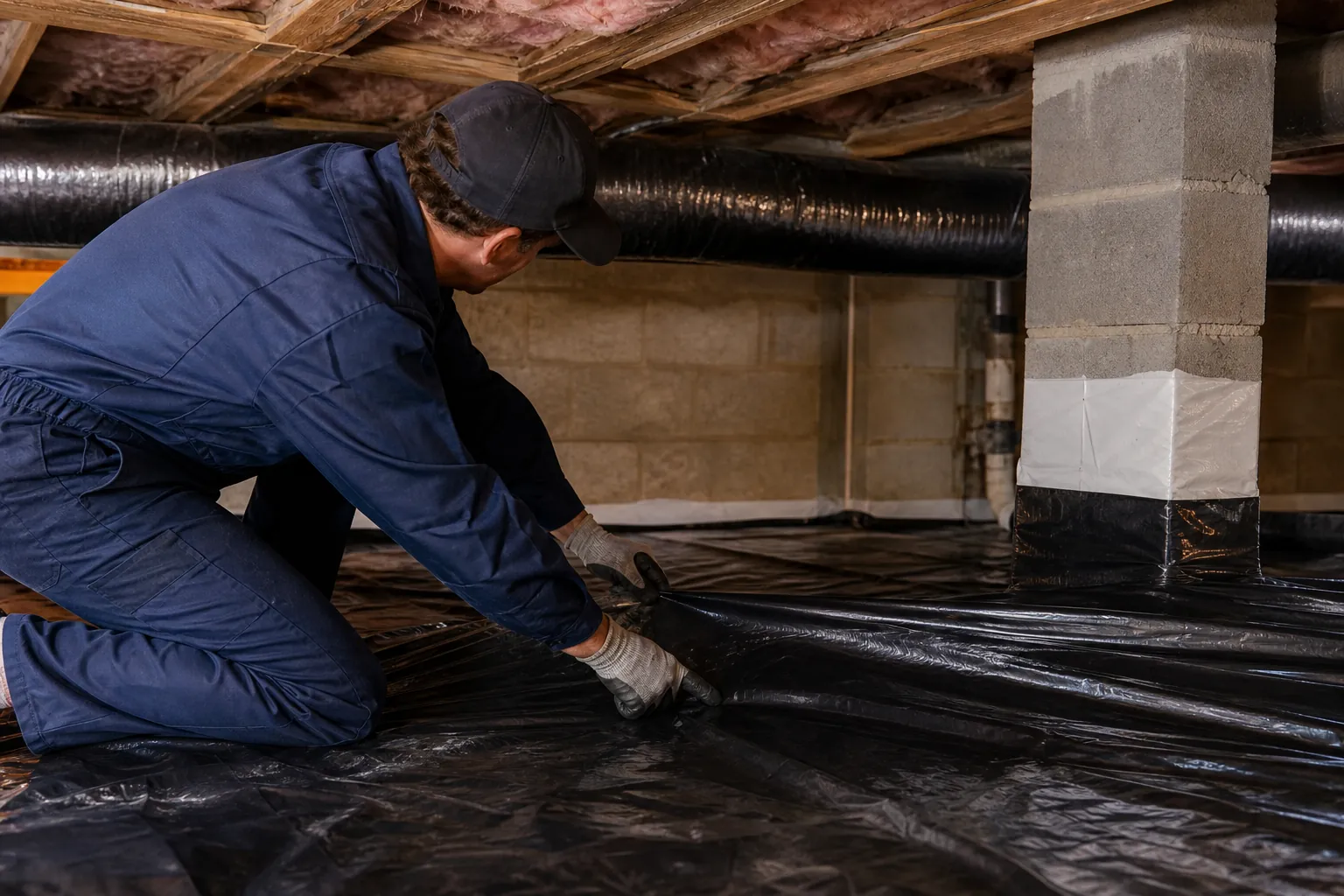 A worker in gloves spreads a black vapor barrier across a crawl space floor beneath exposed joists, insulation, and ductwork.