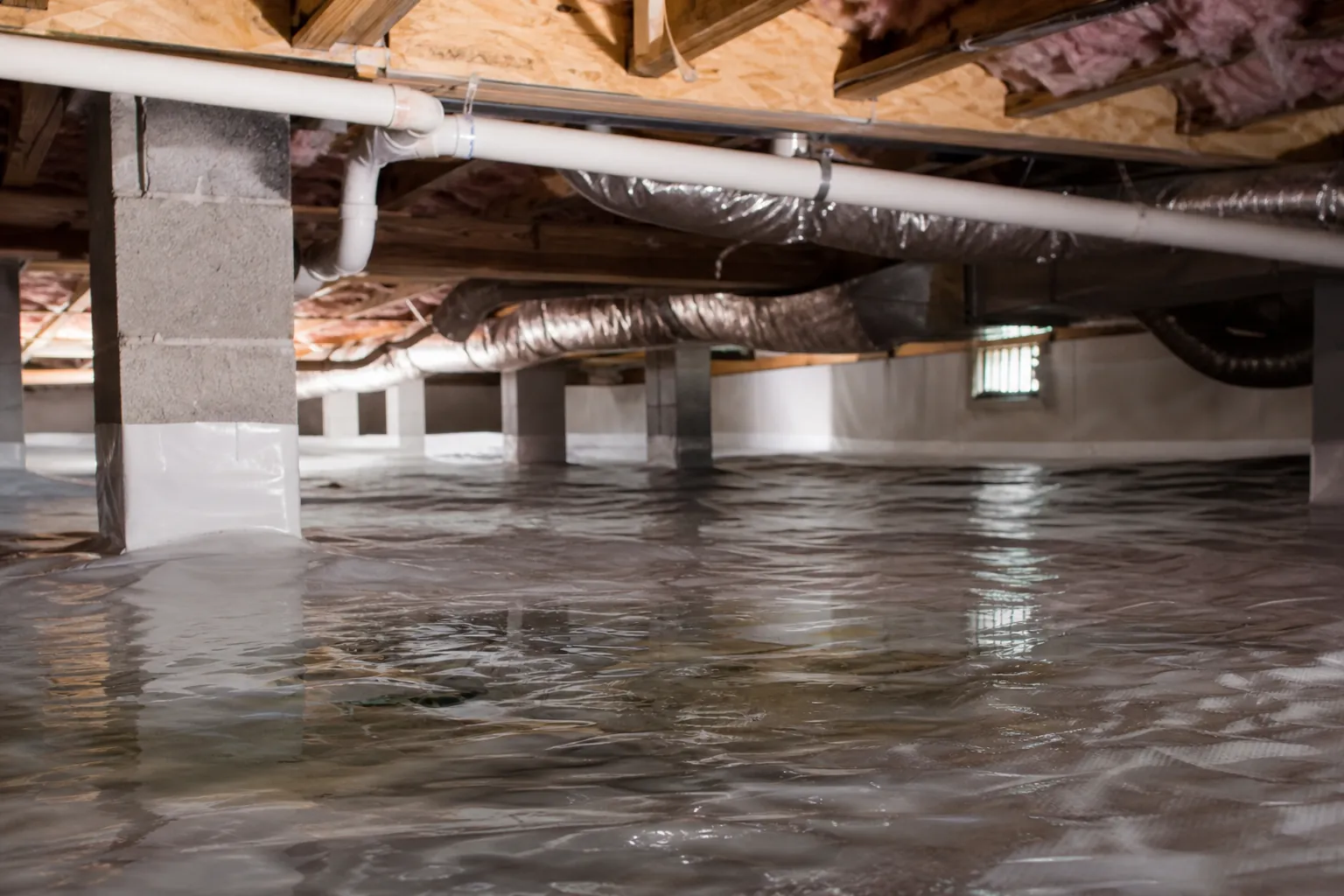 Wet, reflective plastic liner covers a crawl space floor beneath concrete piers, white plumbing pipes, and silver ductwork.
