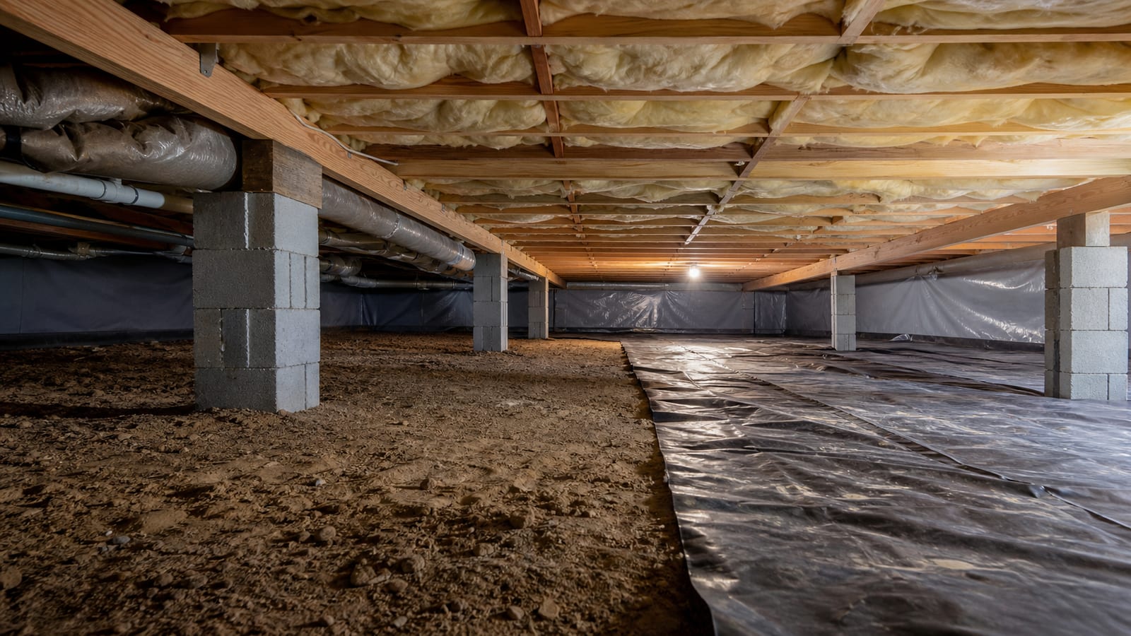 Insulation options being assessed above a dirt-floor crawl space with a ground barrier