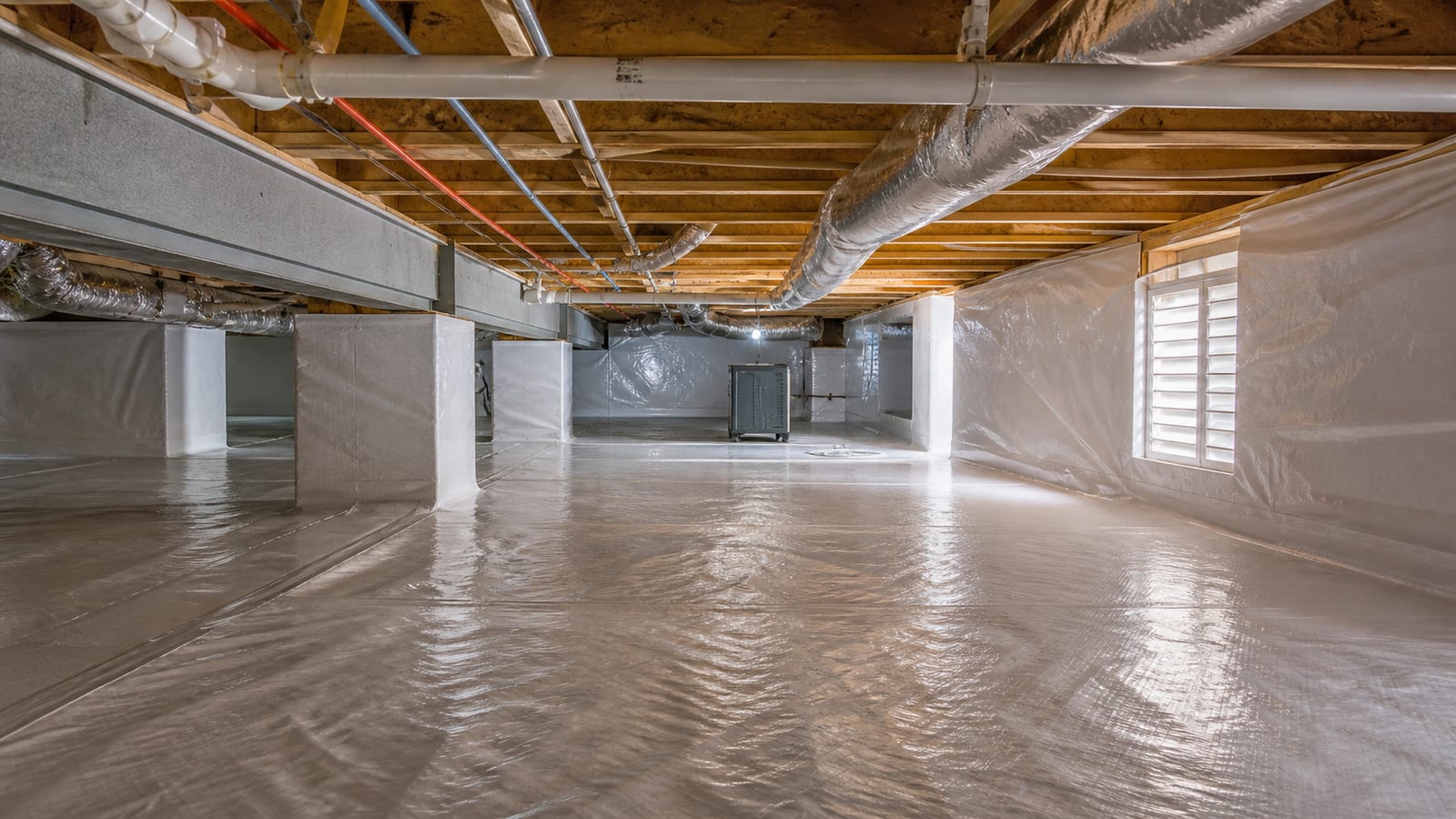 Crawl space encapsulation contractor inspecting a sealed liner and foundation walls