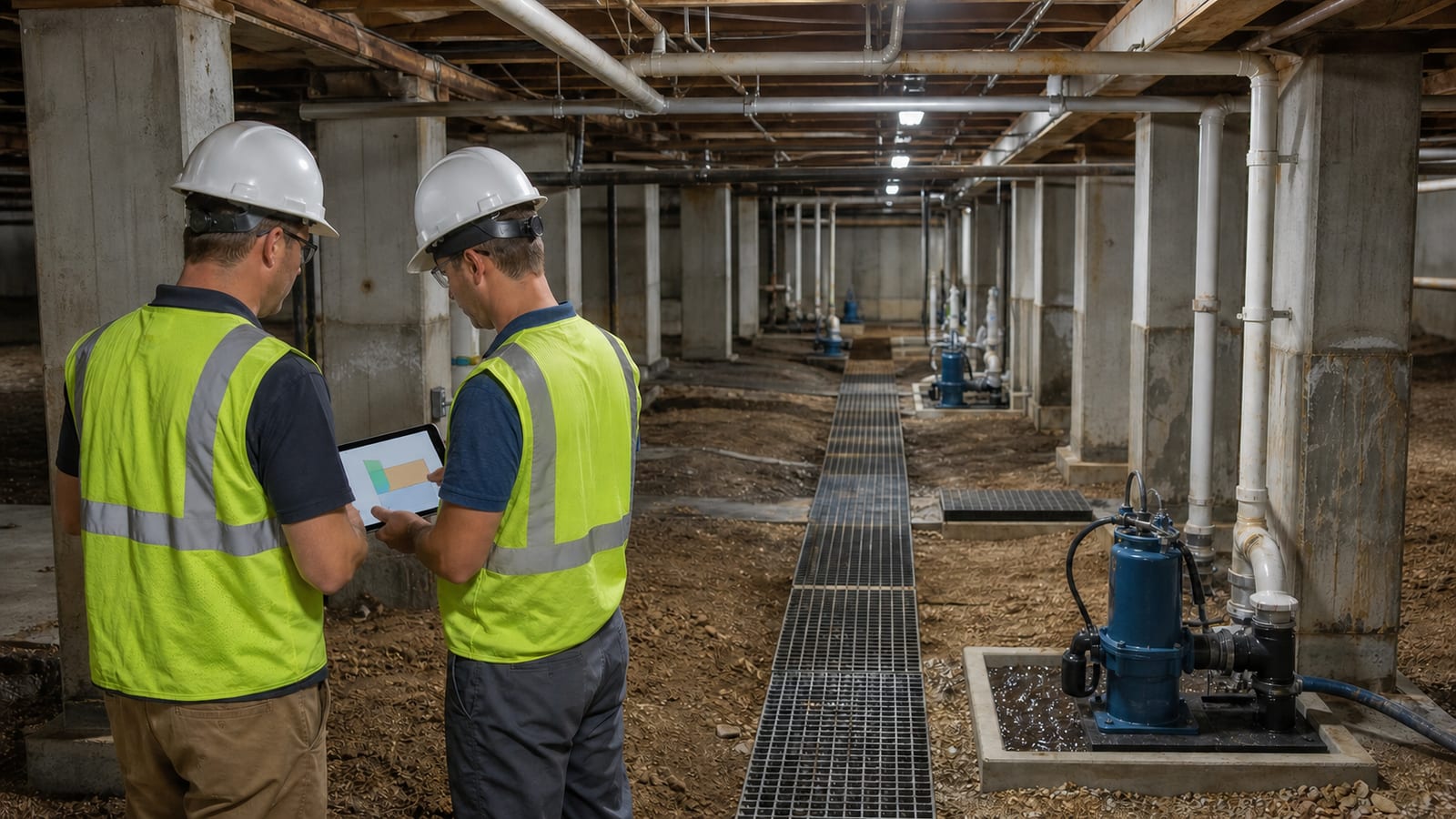 Raleigh crawl space inspection documenting building-wide water-zone map