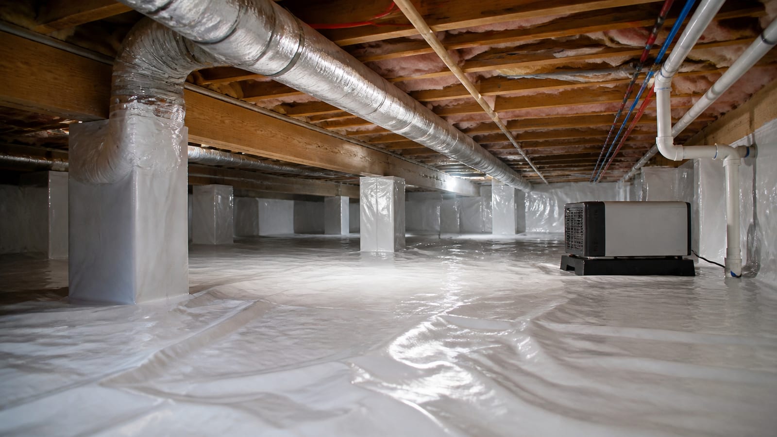 Commercial crawl space encapsulation liner installed beneath a Raleigh property