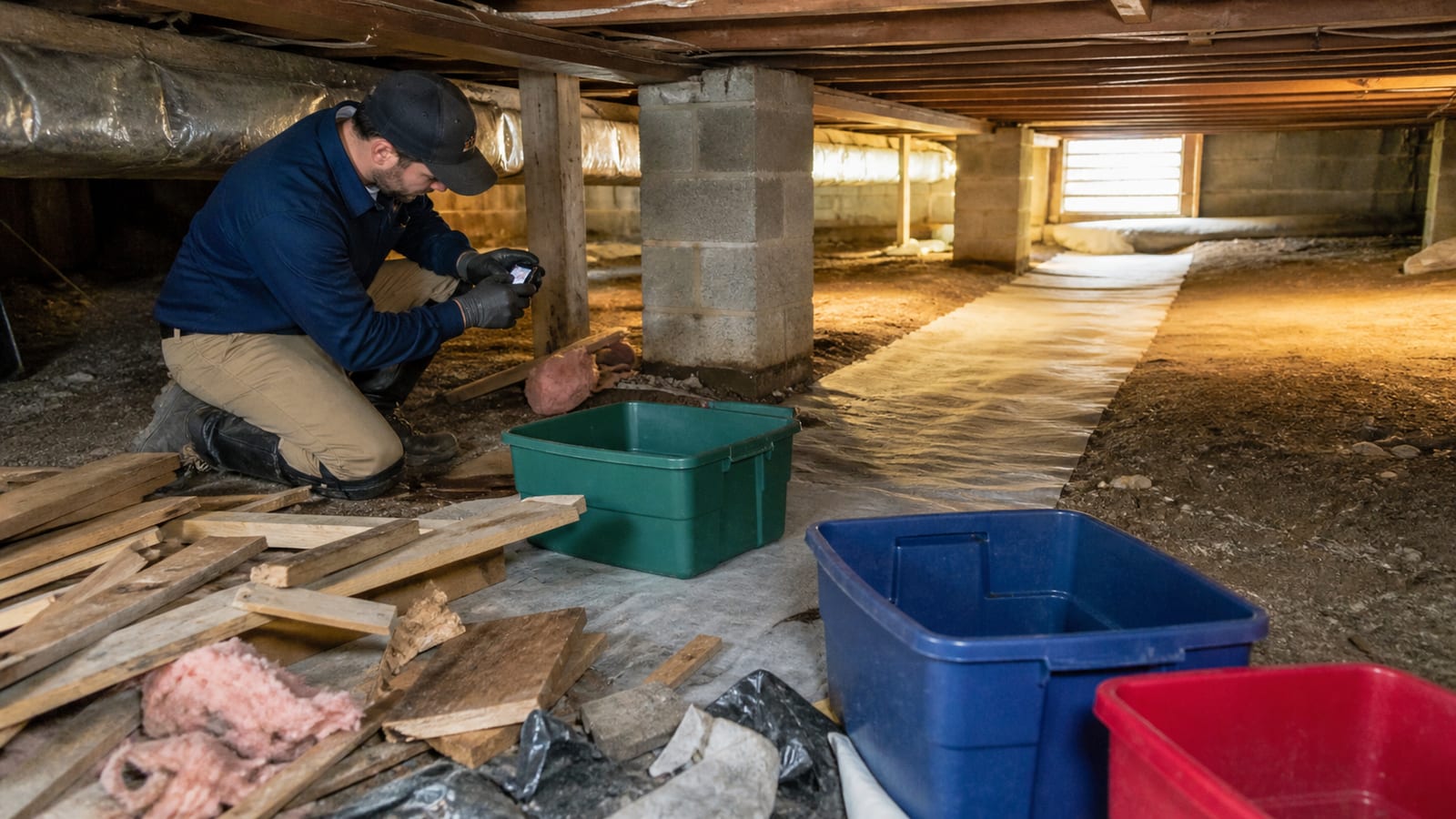 Clayton crawl space inspection documenting debris and stored items