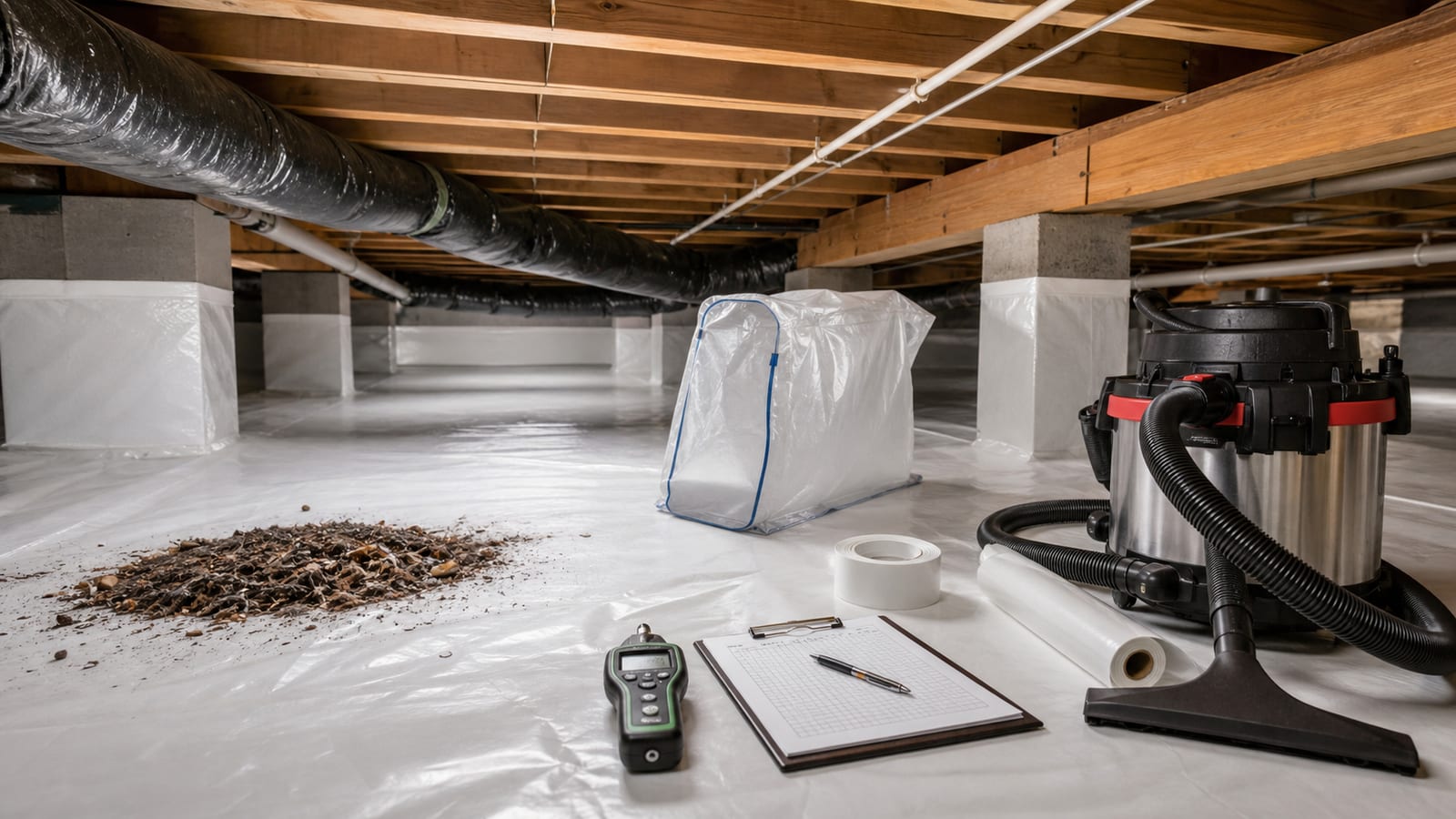 Crawl space cleaning area with debris, moisture meter, containment supplies, and HEPA vacuum