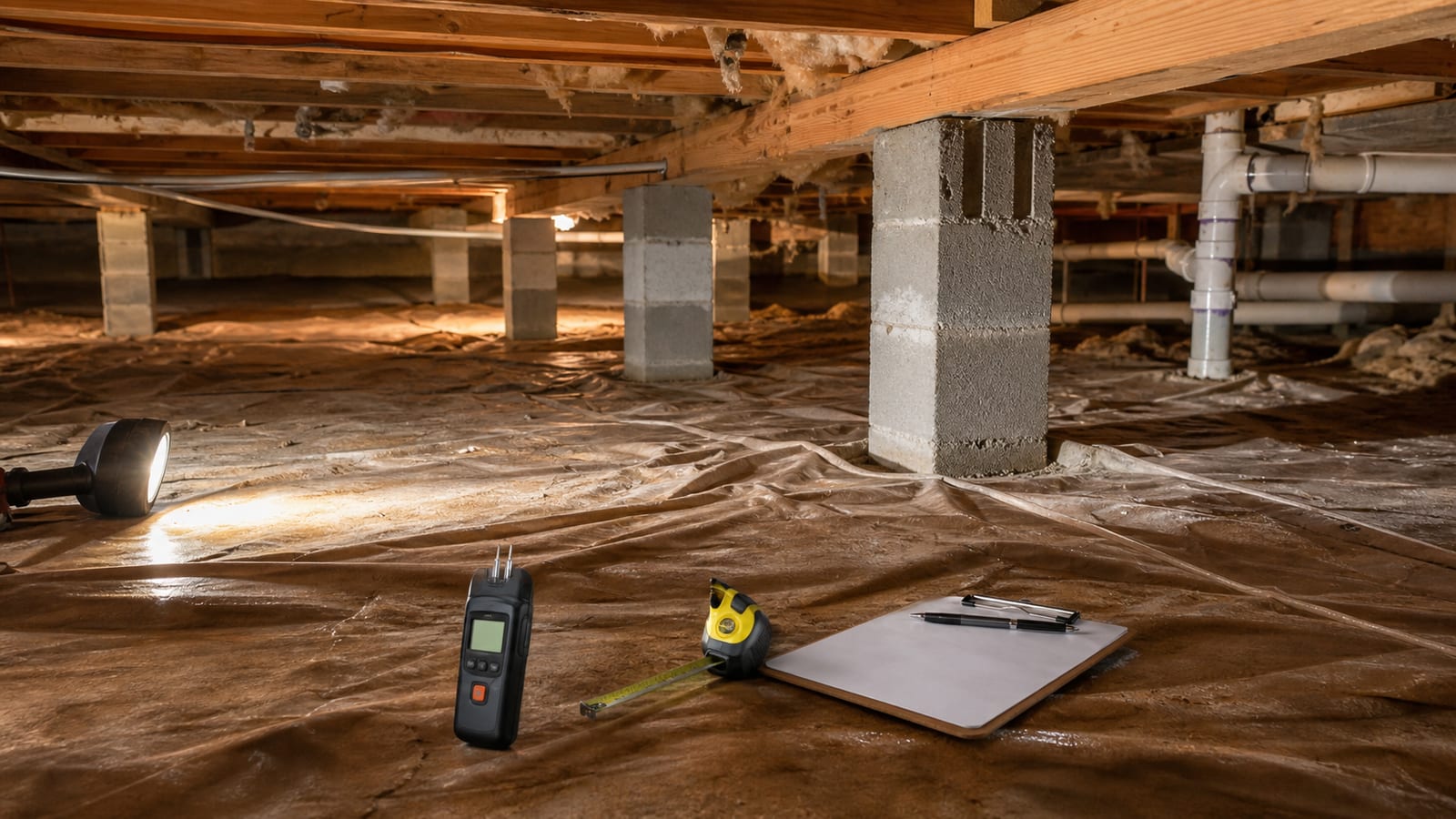 Crawl space contractors recording moisture readings beneath a Cary home