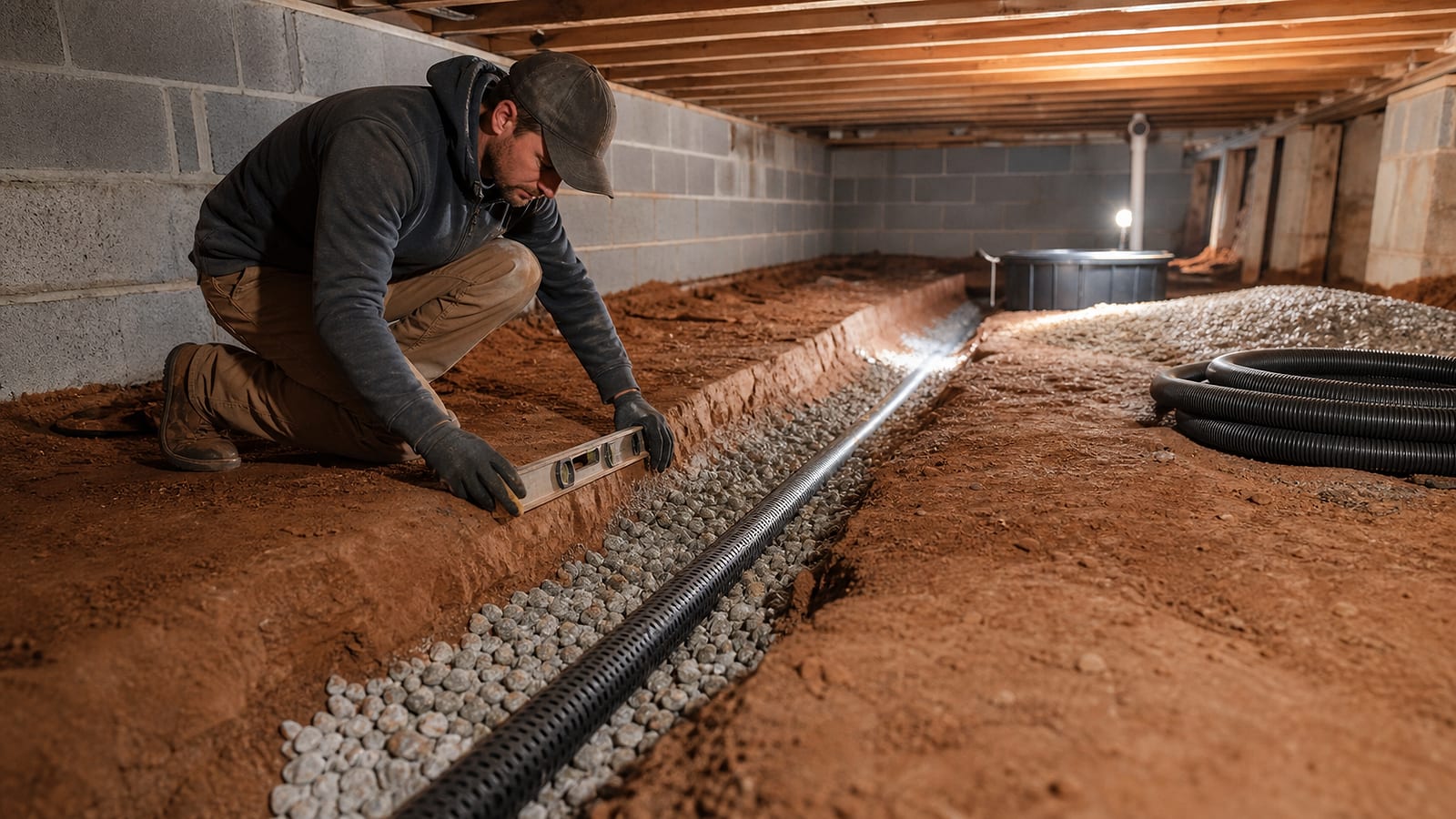 Crawl space drainage company scope review for a North Carolina crawl space