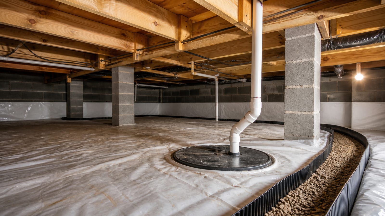 Crawl space drainage system installed beside a sealed foundation wall