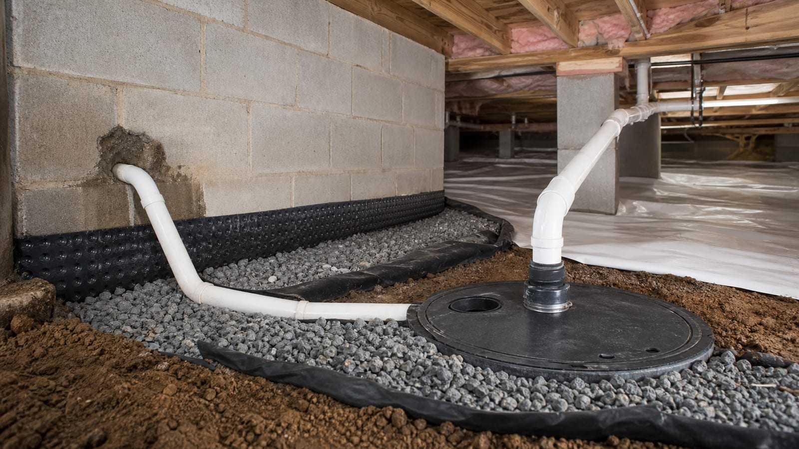 Perimeter crawl space drain leading through aggregate to a covered sump basin and discharge pipe