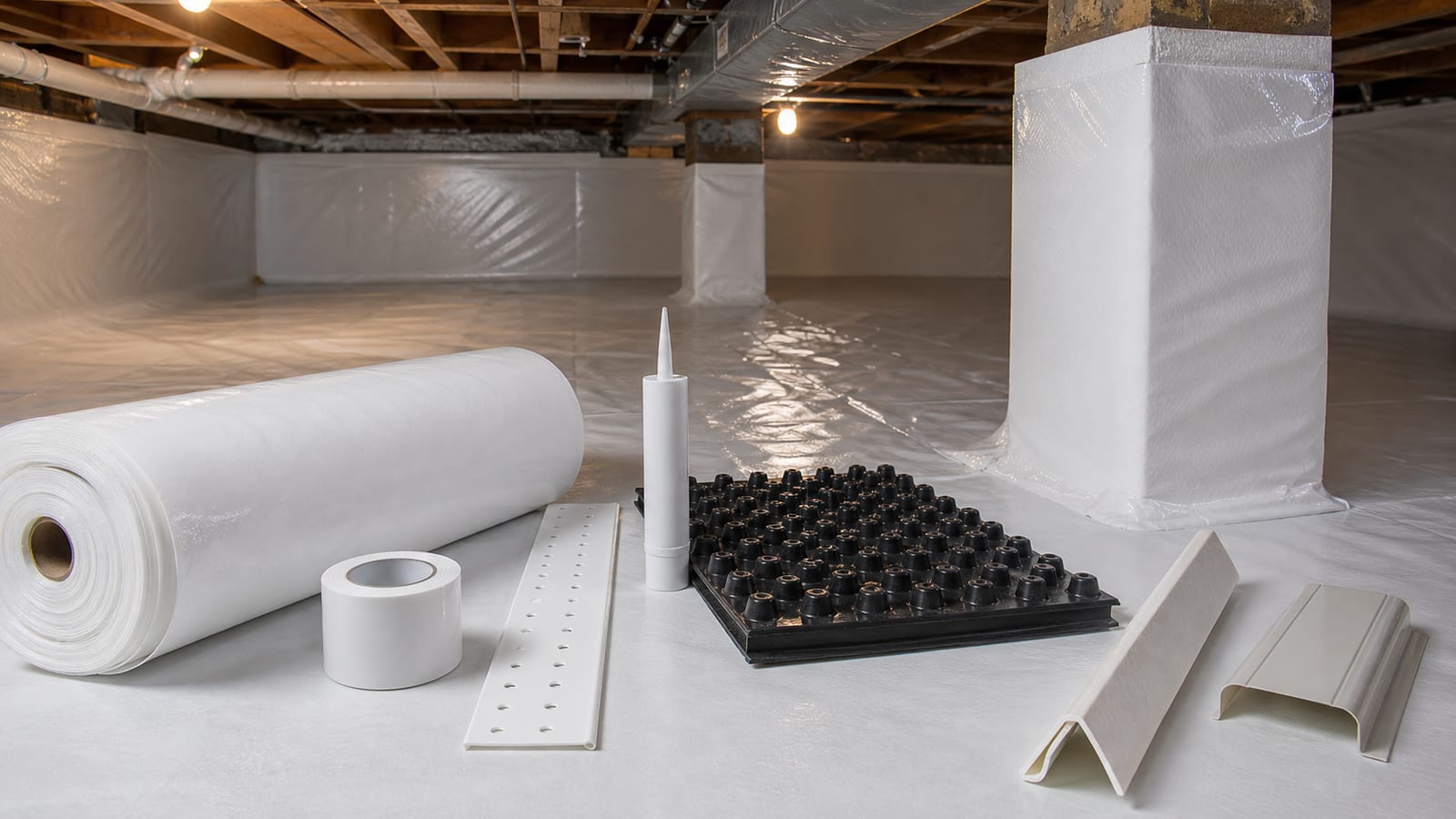 Crawl space liner, tape, sealant, drainage mat, and termination materials beside an installed system
