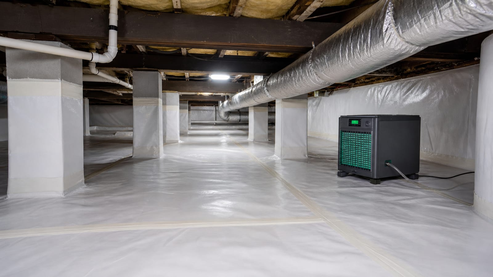 Sealed crawl space liner, wrapped piers, taped seams, ductwork, and dehumidifier