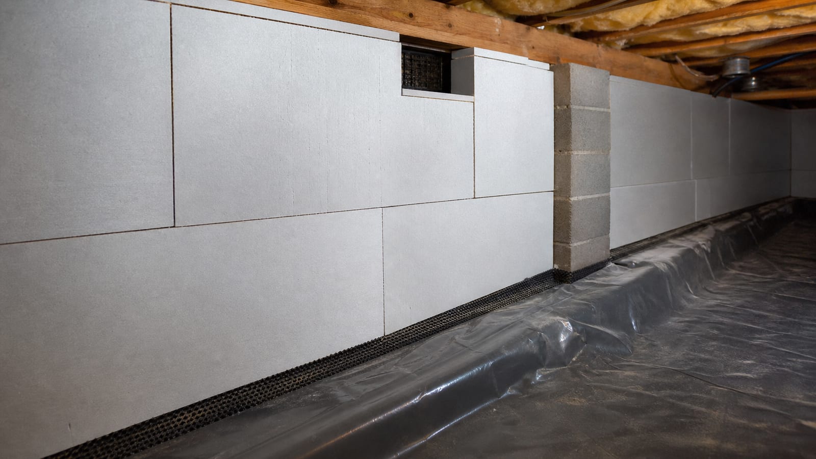 Rigid foam board fitted along a crawl space foundation wall with detailed seams