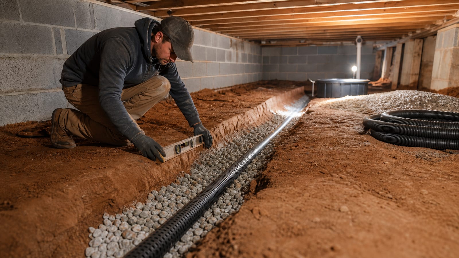 Holly Springs crawl space inspection documenting perimeter seepage pattern