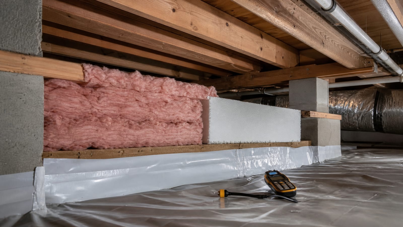 Crawl space framing with batt and rigid insulation samples beside a moisture meter