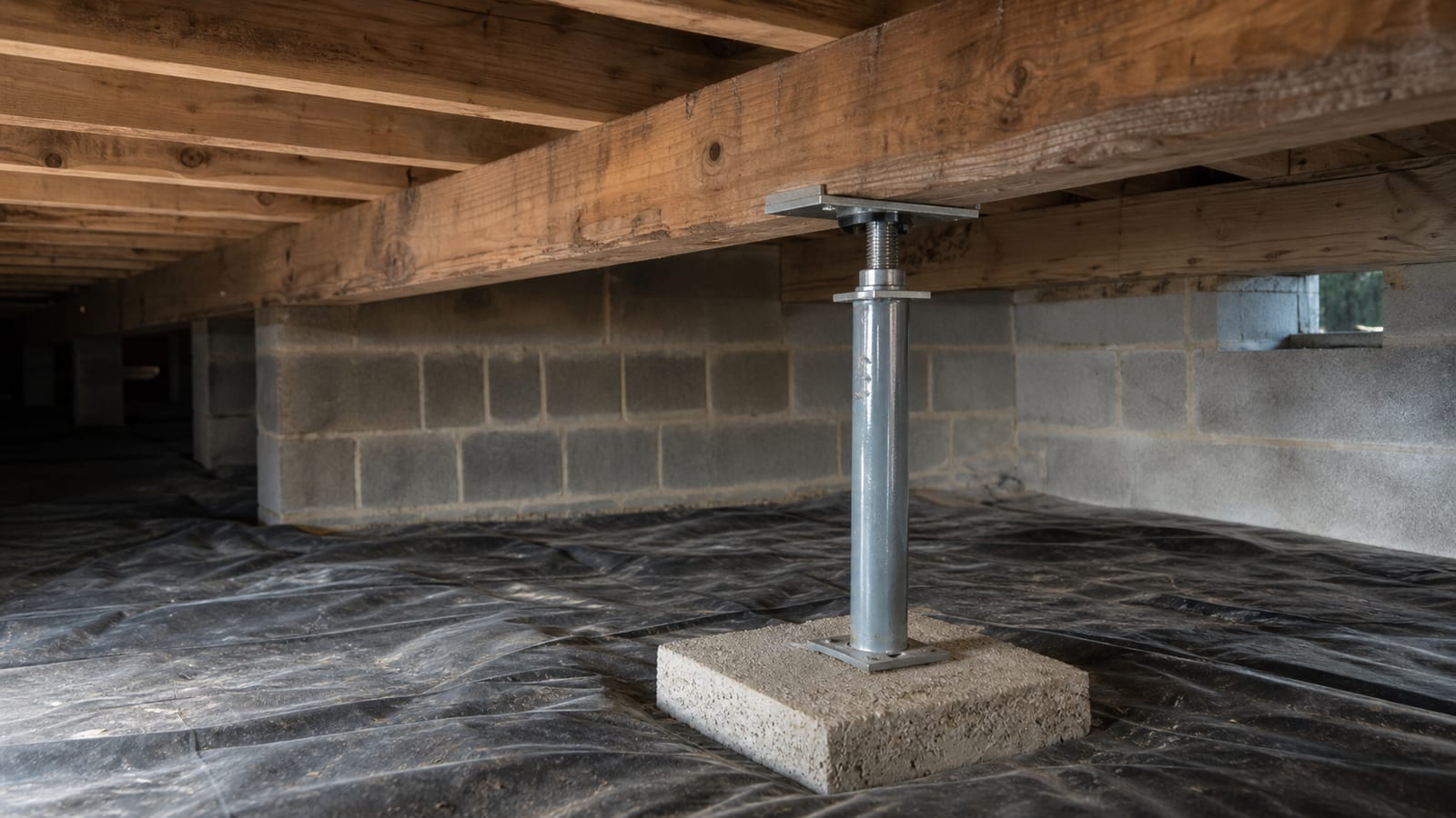 Adjustable crawl space support post beneath a wood beam with level and framing visible