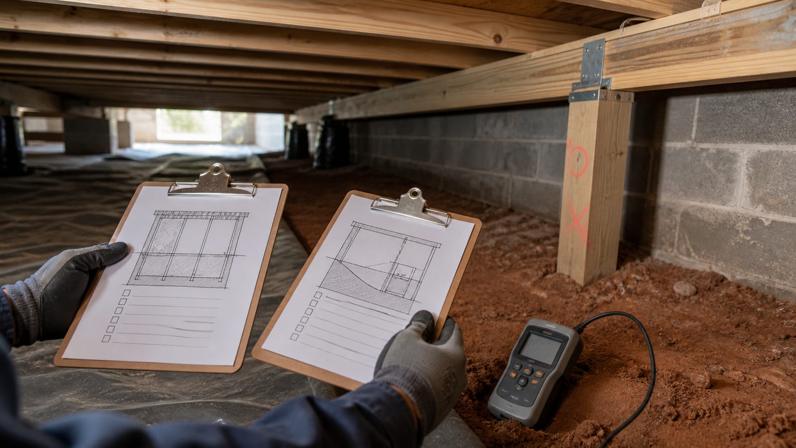 Apex crawl space inspection documenting mapped moisture and damage locations