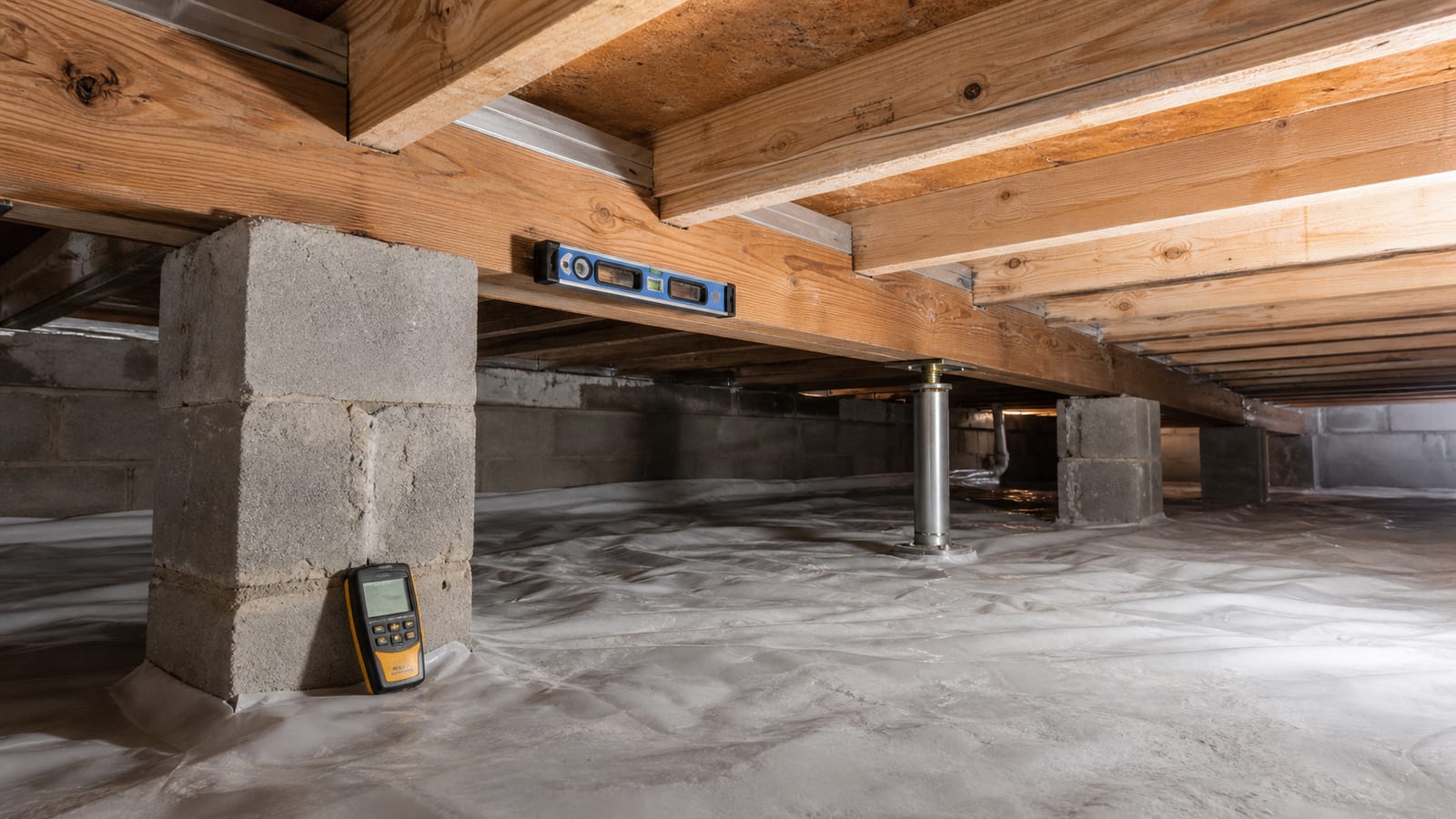 Crawl space joists, beam, masonry pier, support post, level, and moisture meter