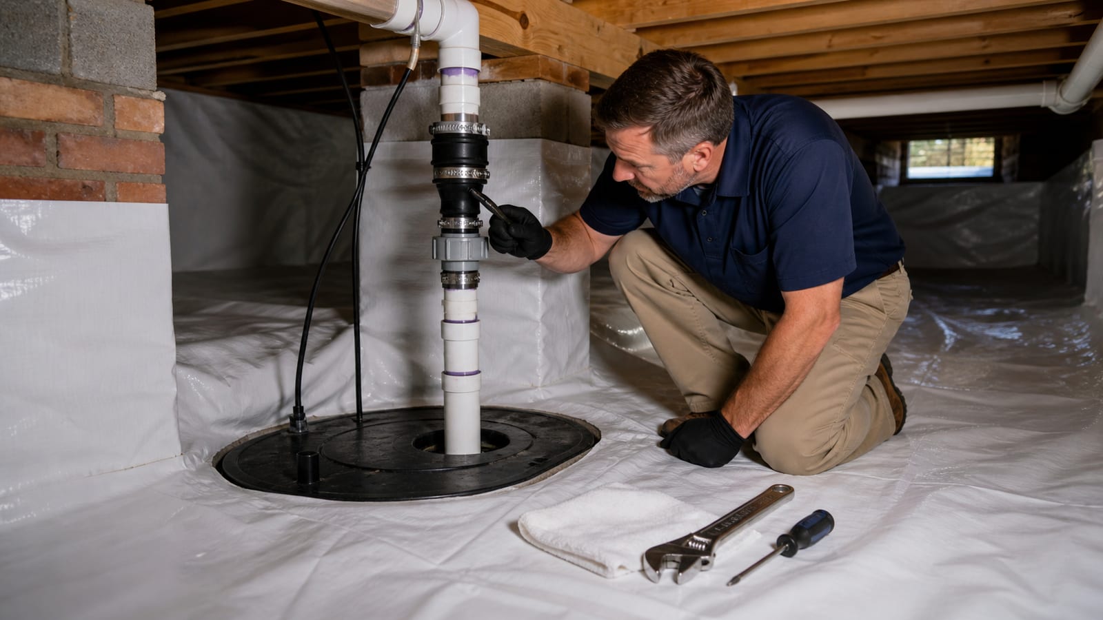 Clayton crawl space inspection documenting line leaks and loose fittings
