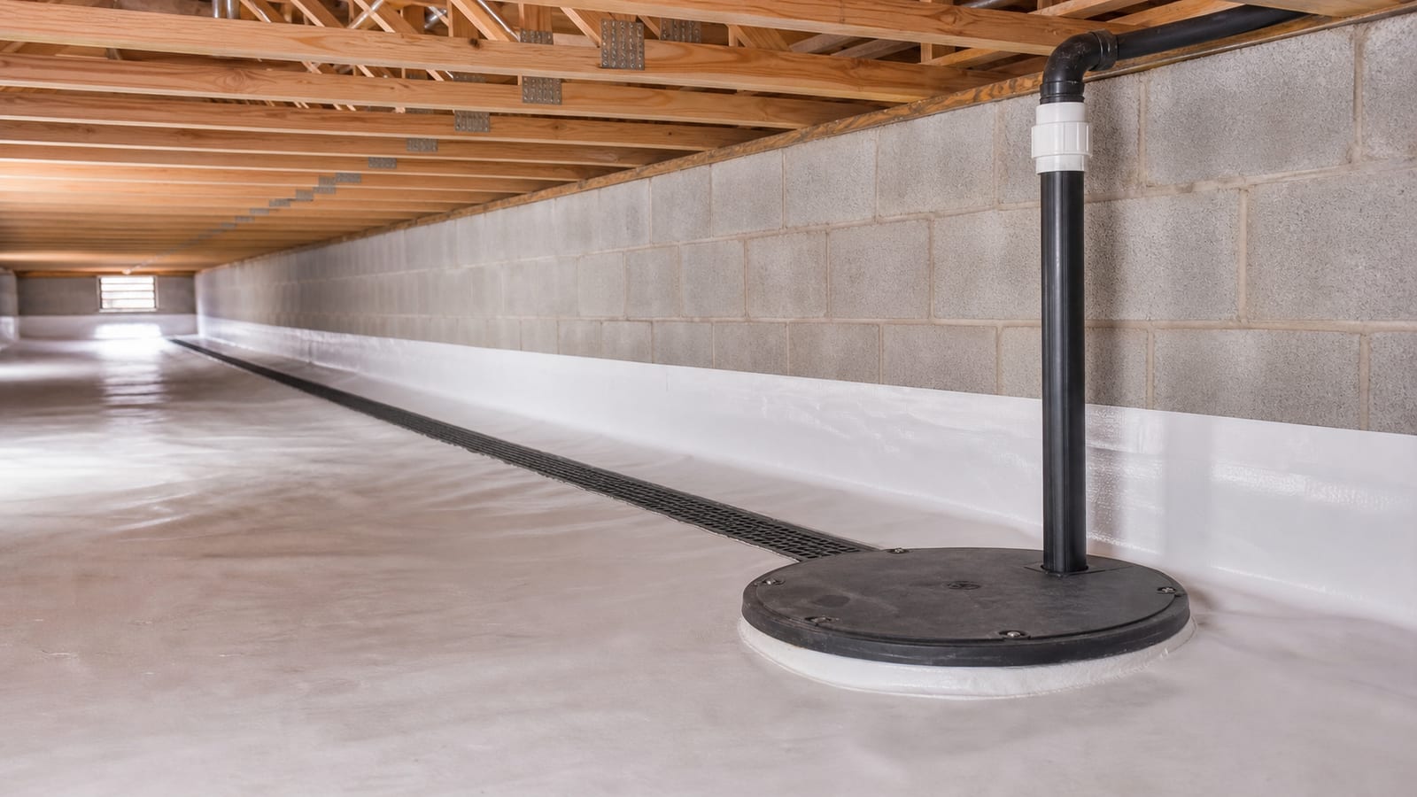 Covered crawl space sump basin, pump piping, and perimeter water collection path