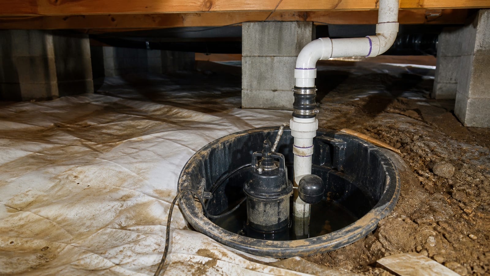 Crawl space sump pump repair inspection in Wake Forest, NC
