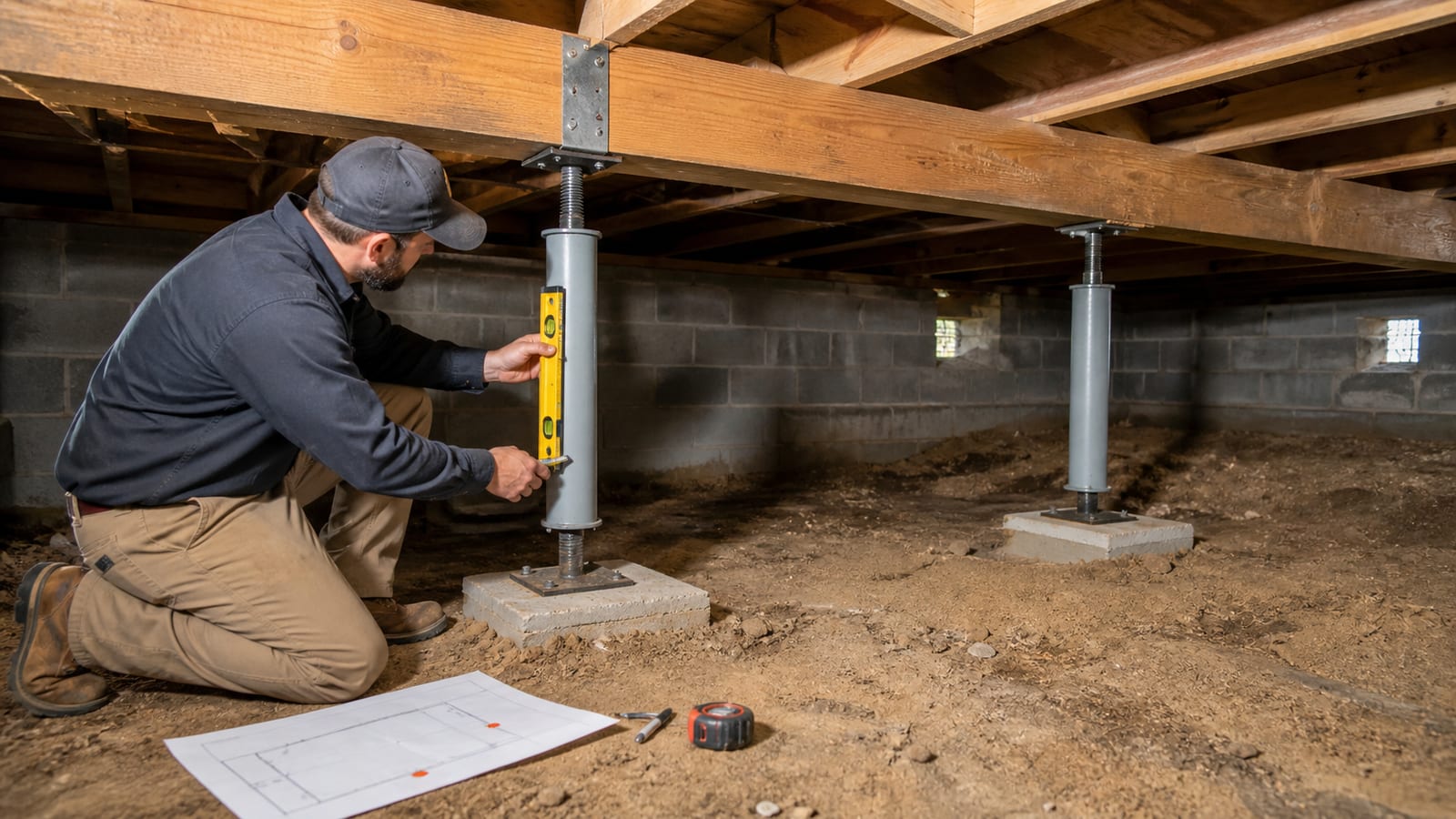 Apex crawl space inspection documenting supported beam or joist