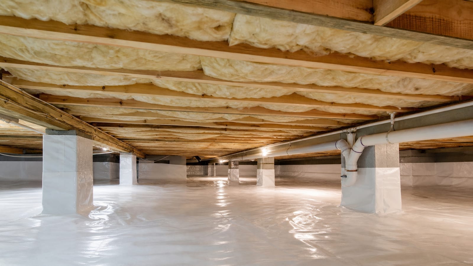 Crawl space vapor barrier installation covering a clean soil floor