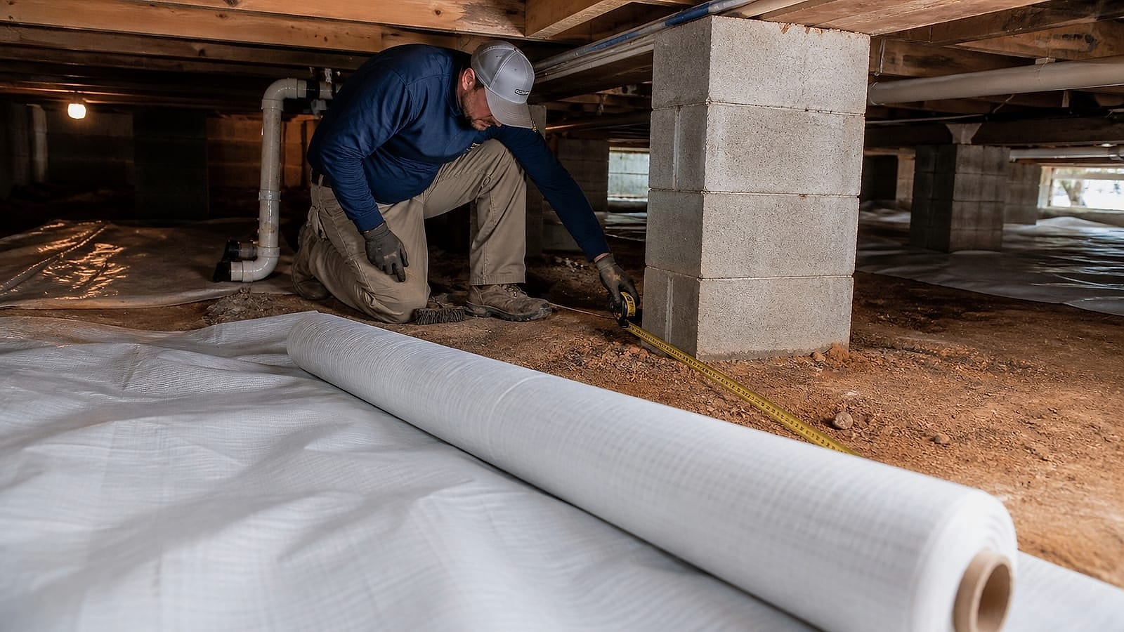 Crawl space vapor barrier seam repair inspection and scope review for a Holly Springs, North Carolina crawl space