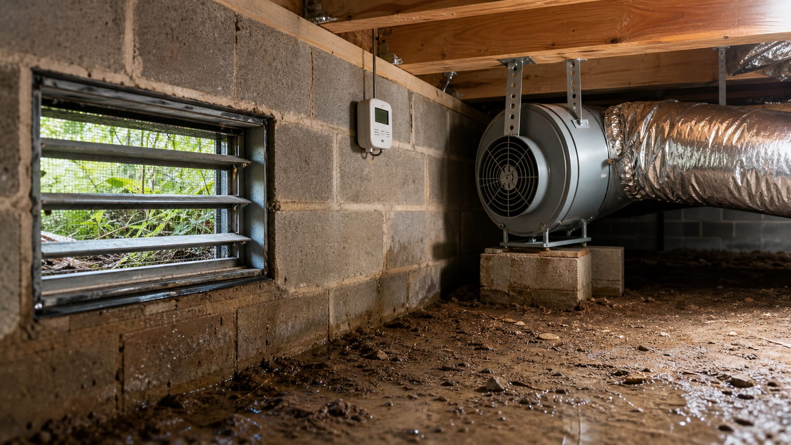 Foundation vent, crawl space fan, ductwork, and humidity sensor beneath a home