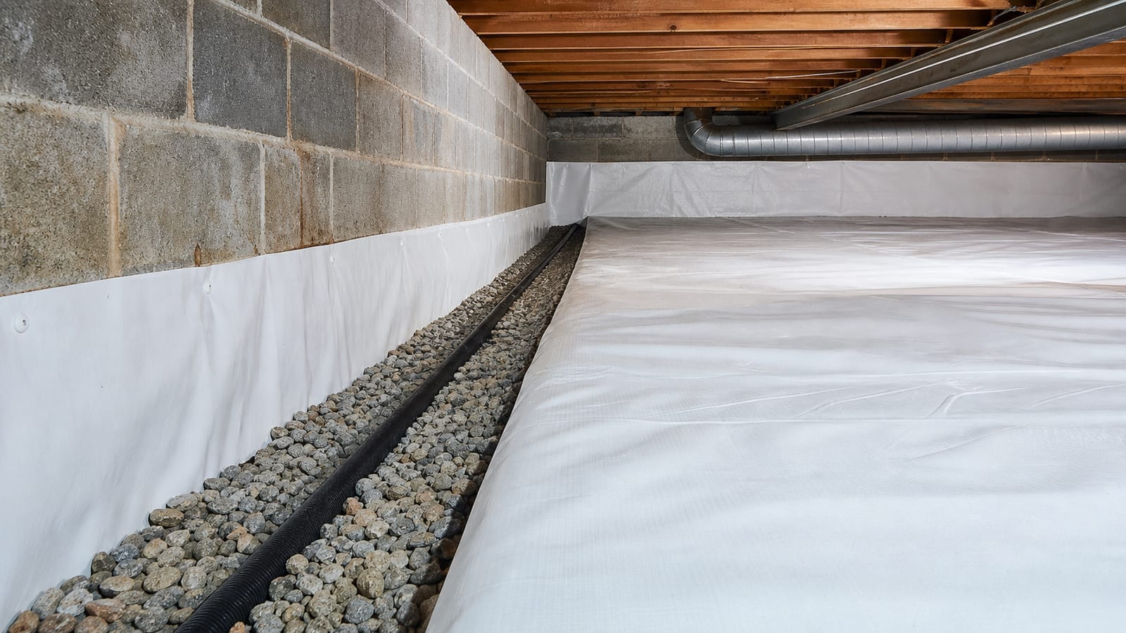 Crawl space waterproofing liner and drainage channel beneath a Holly Springs home