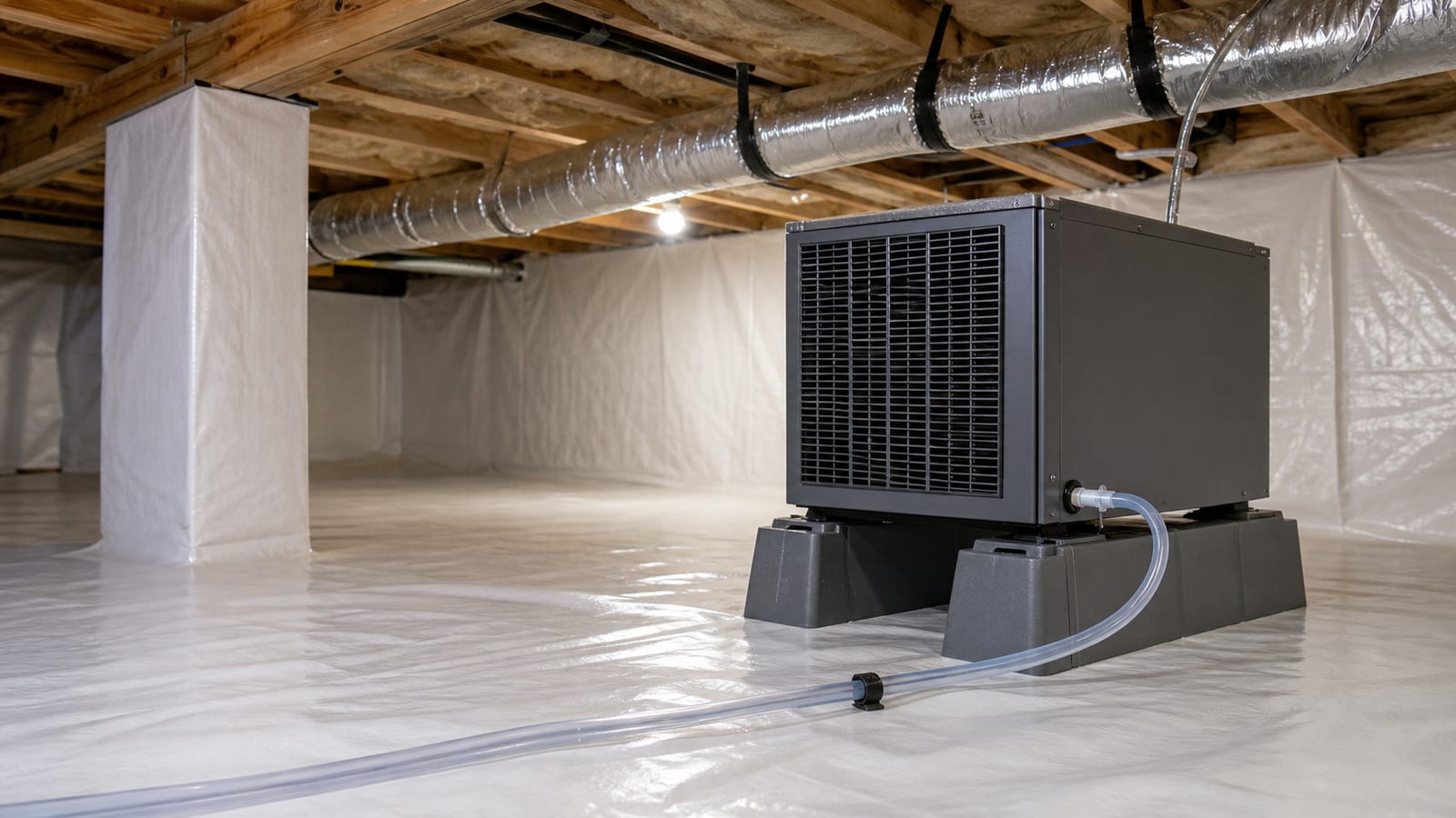 Unbranded crawl space dehumidifier with a protected condensate drain route