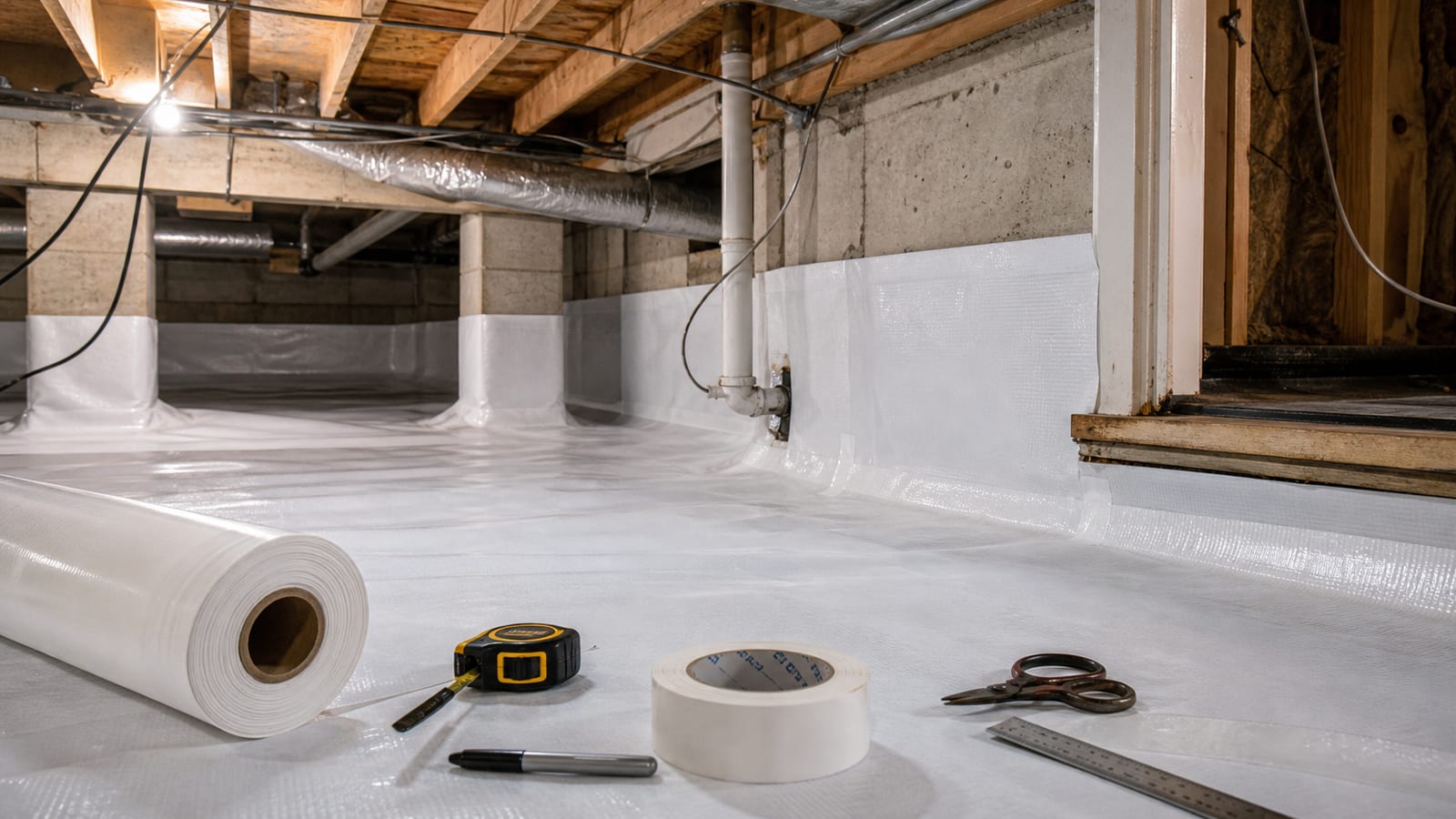 Liner roll, seam tape, tools, access threshold, and utility penetrations in a crawl space