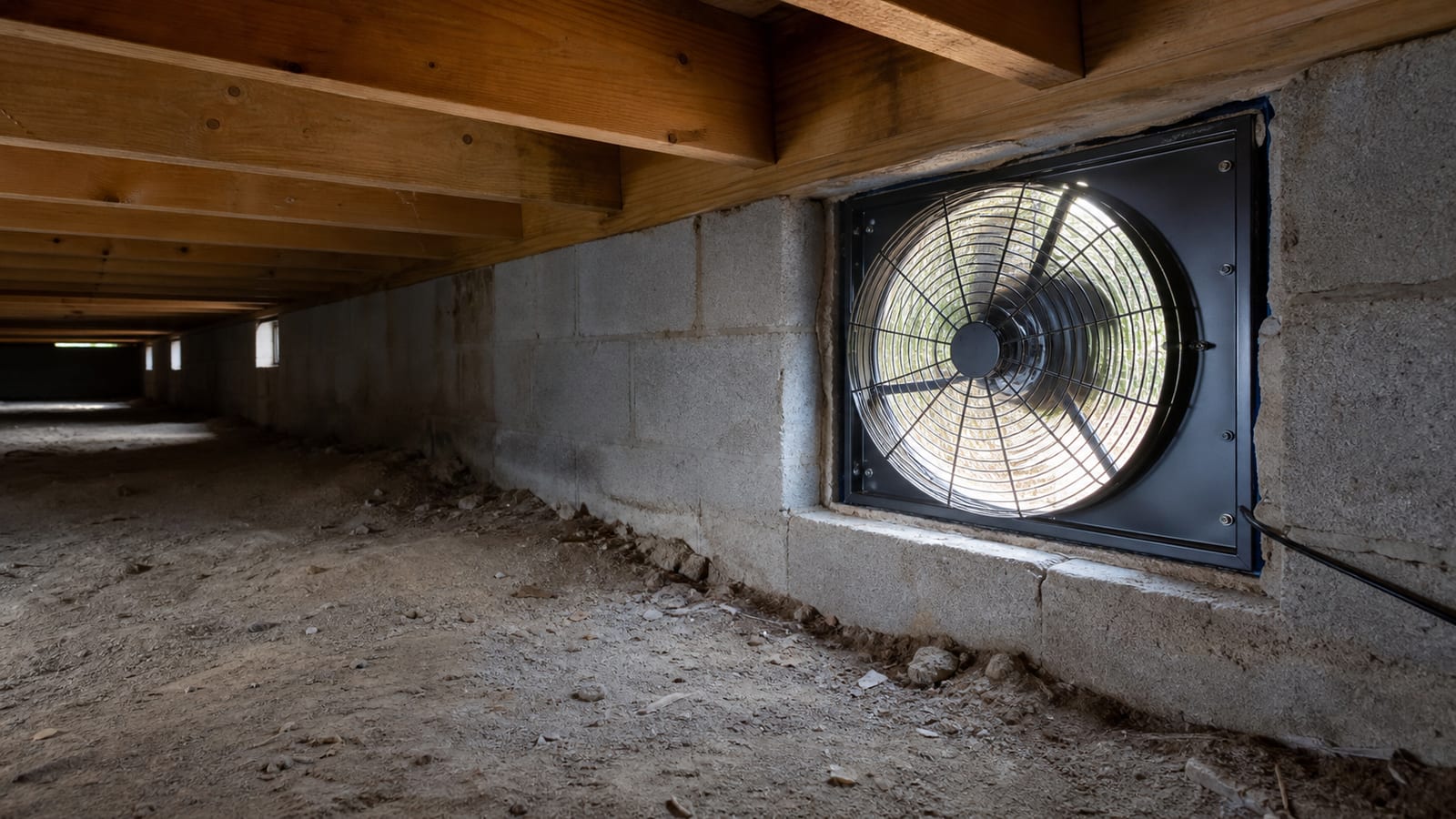 Crawl space ventilation fan and humidity meter near a foundation vent