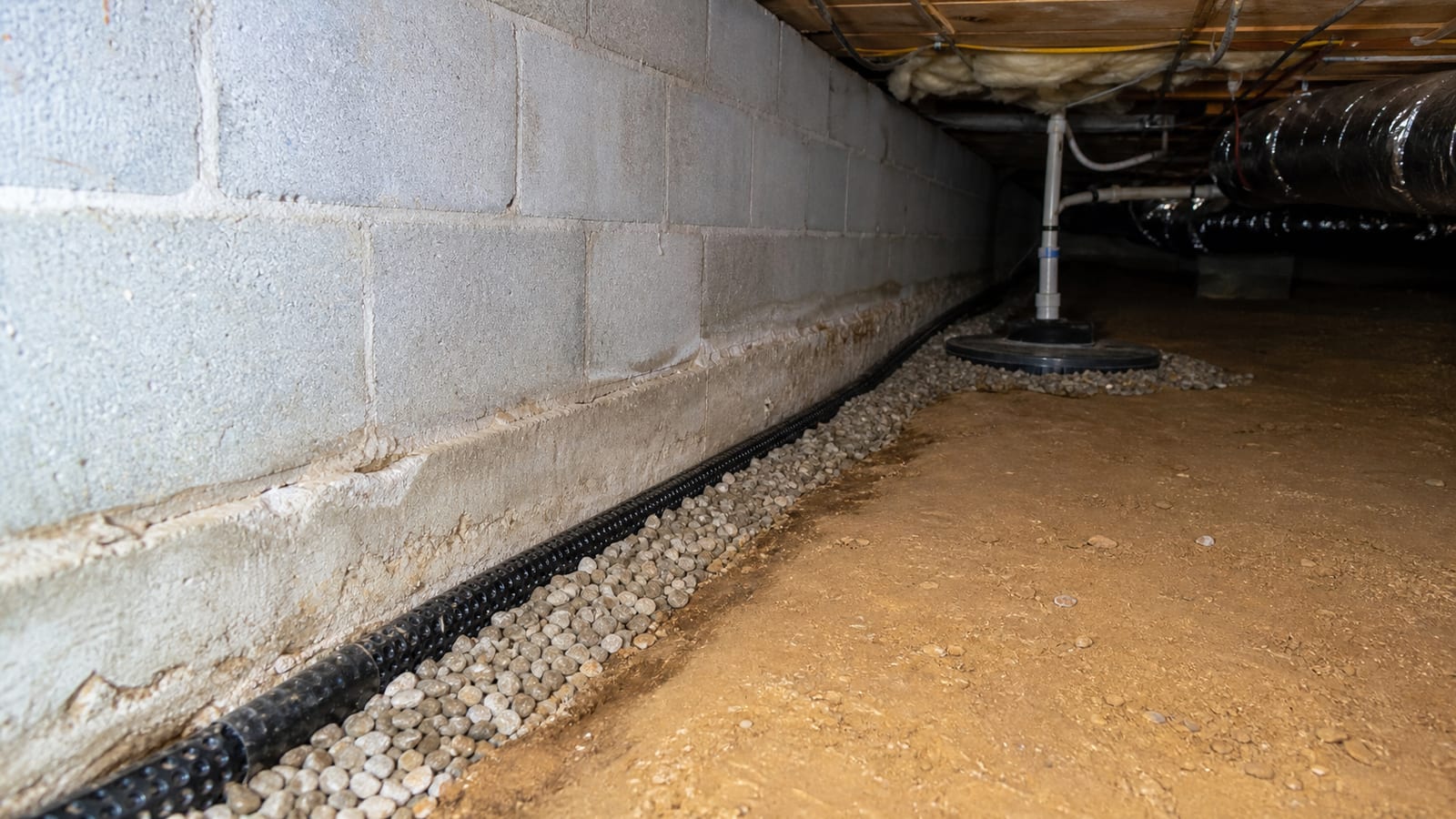 Interior crawl space drainage channel along a foundation wall leading toward a collection point