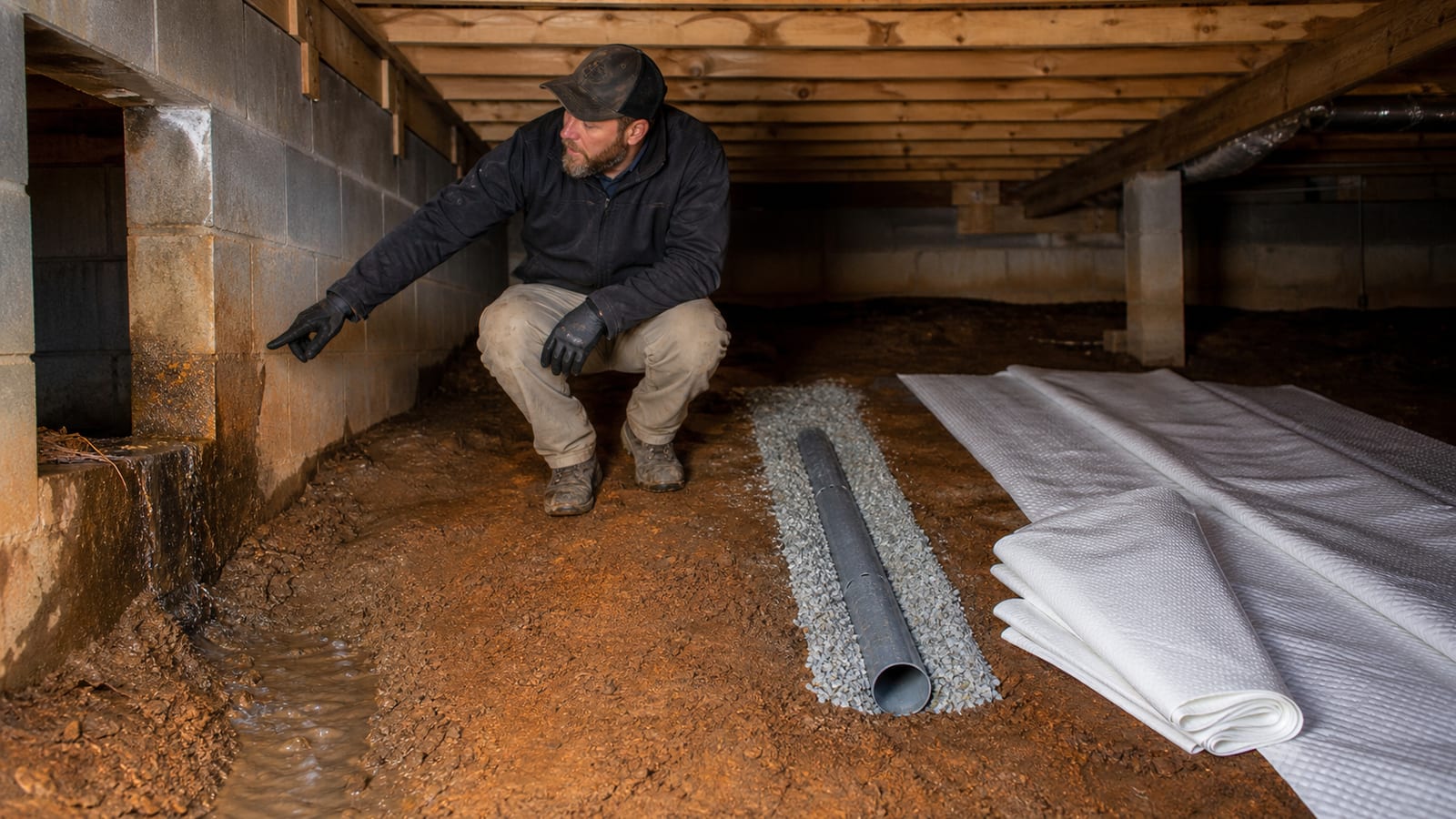 Clayton crawl space inspection documenting bulk-water path