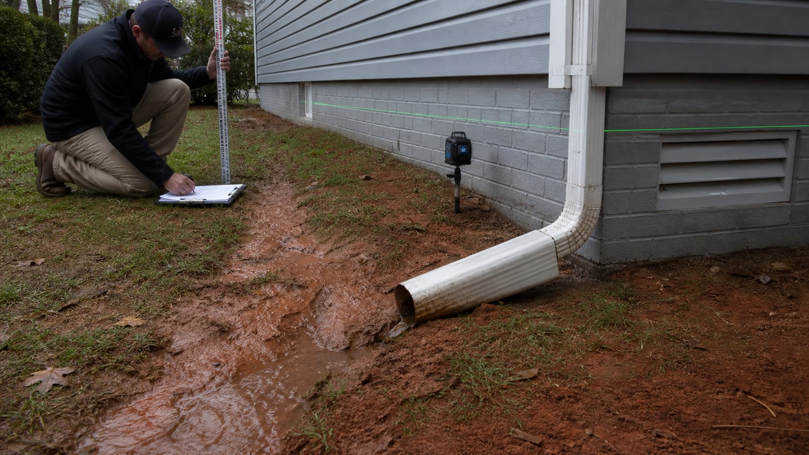 Garner crawl space inspection documenting downspout outlets