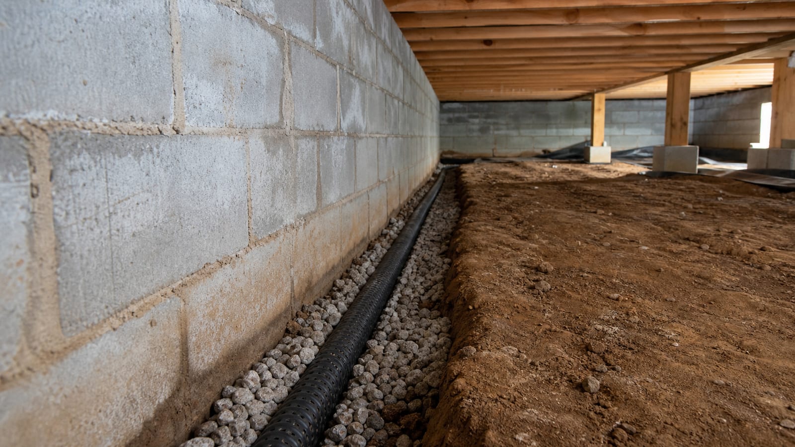Crawl space drainage channel with aggregate and perforated pipe along a foundation wall