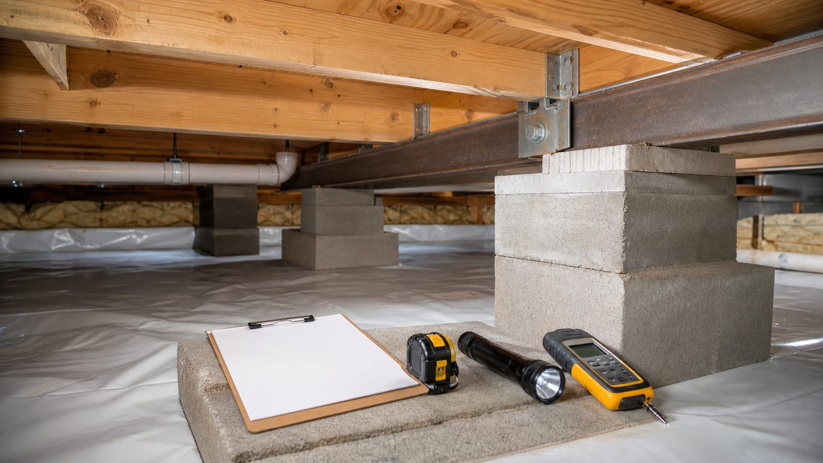 Crawl space framing inspection notes, measuring tools, beam, joists, and support pier