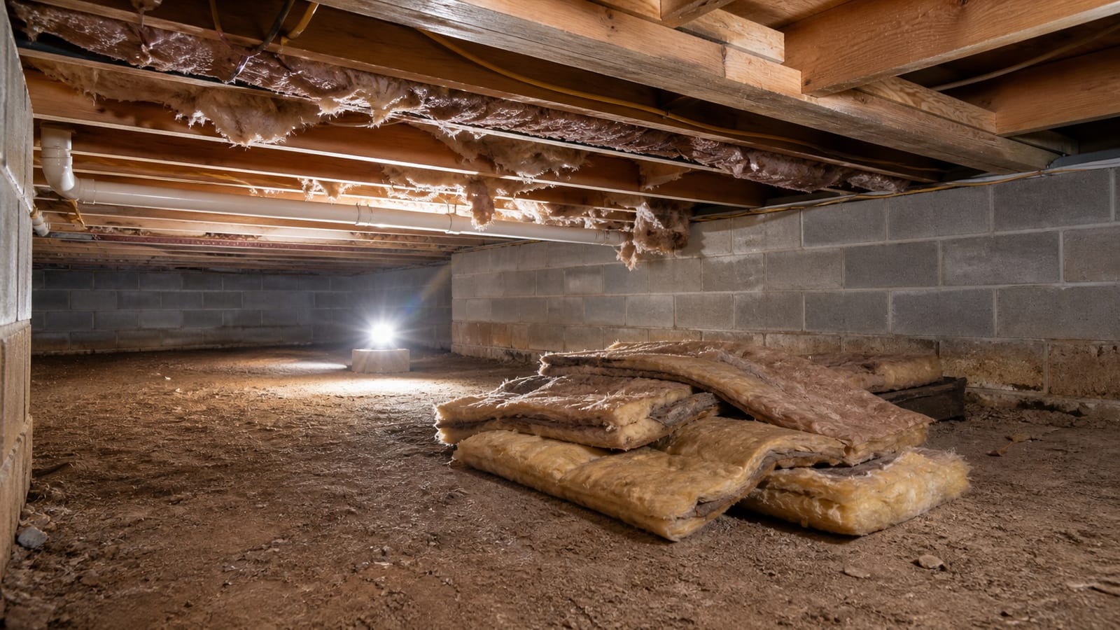 Crawl space insulation removal before installing a sealed floor liner