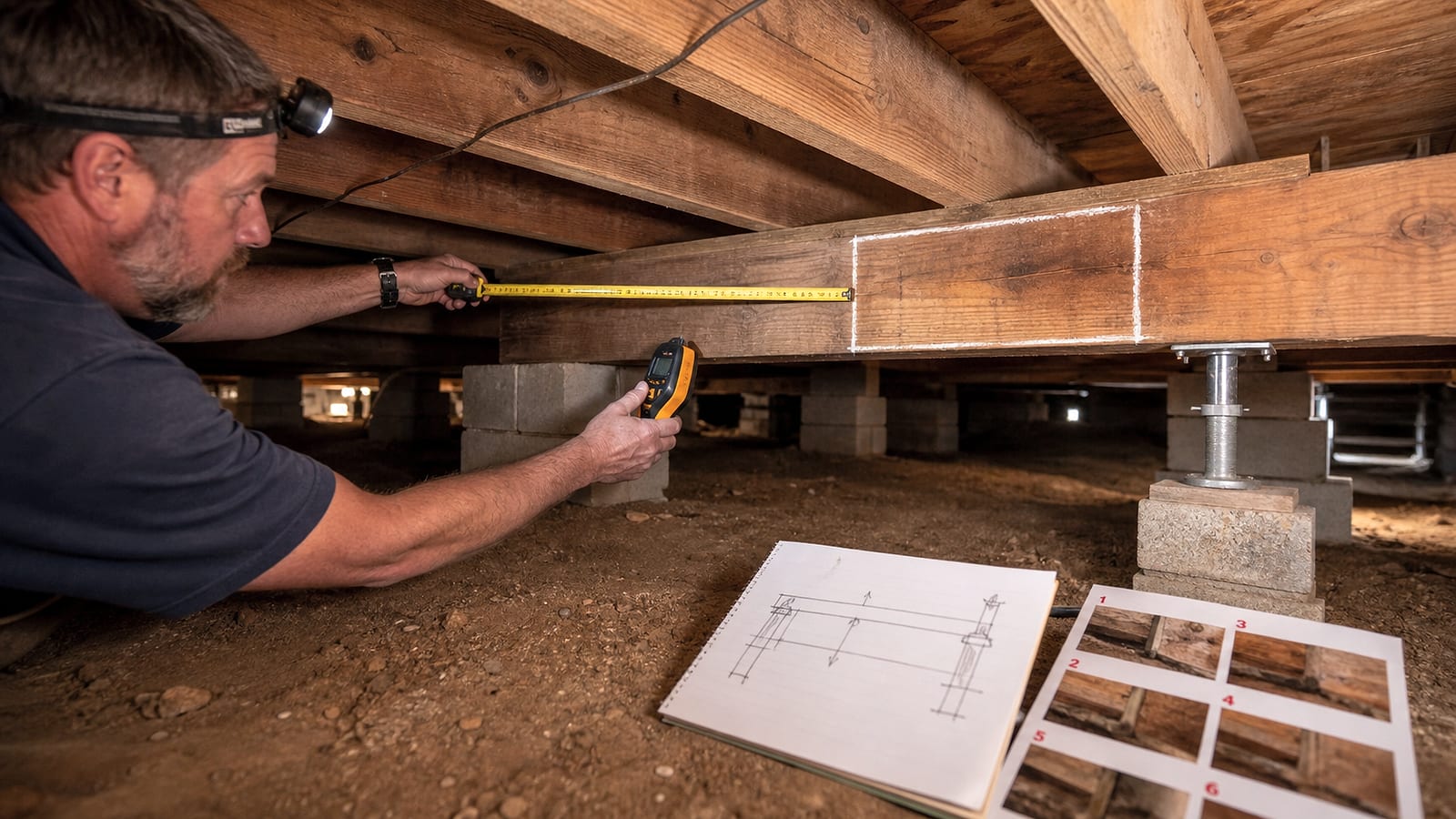 Sagging floor repair near me scope review for a North Carolina crawl space