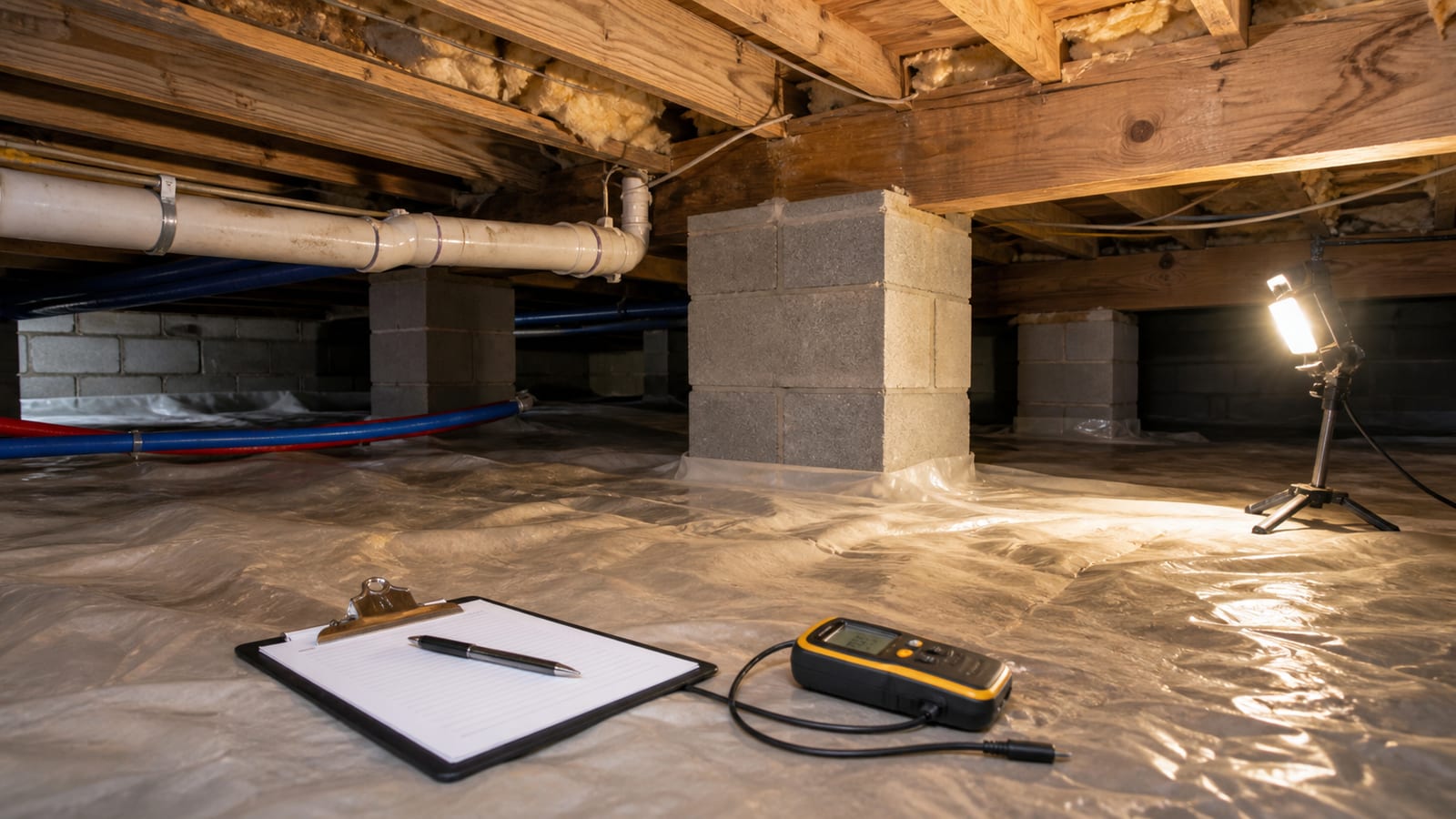 Crawl space inspection showing floor framing, insulation, and ground moisture