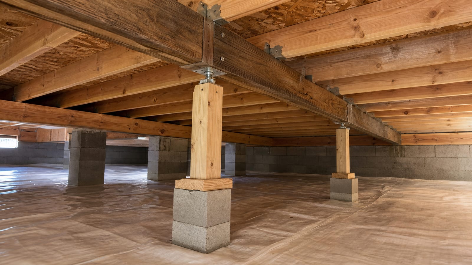 Crawl space beam, joists, and support posts shown during a careful framing assessment
