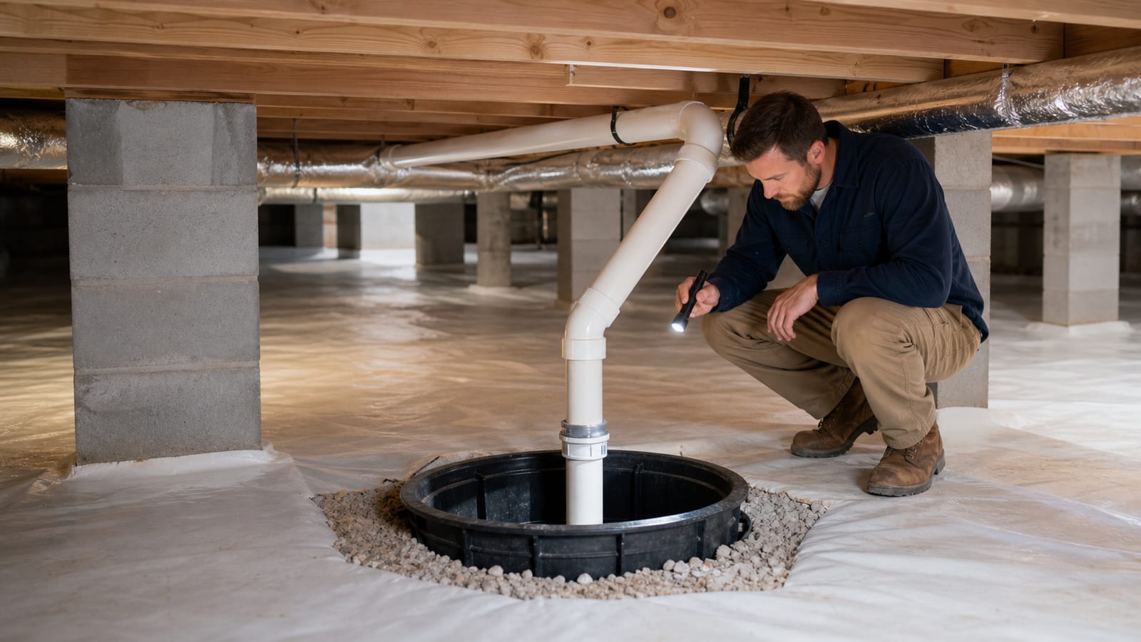 Crawl space sump basin and discharge pipe being checked along a clean access route