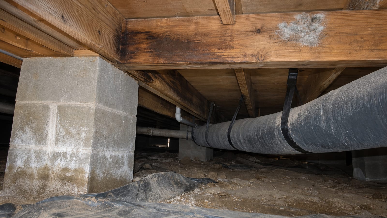 Several discolored crawl space material surfaces being documented without visual identification