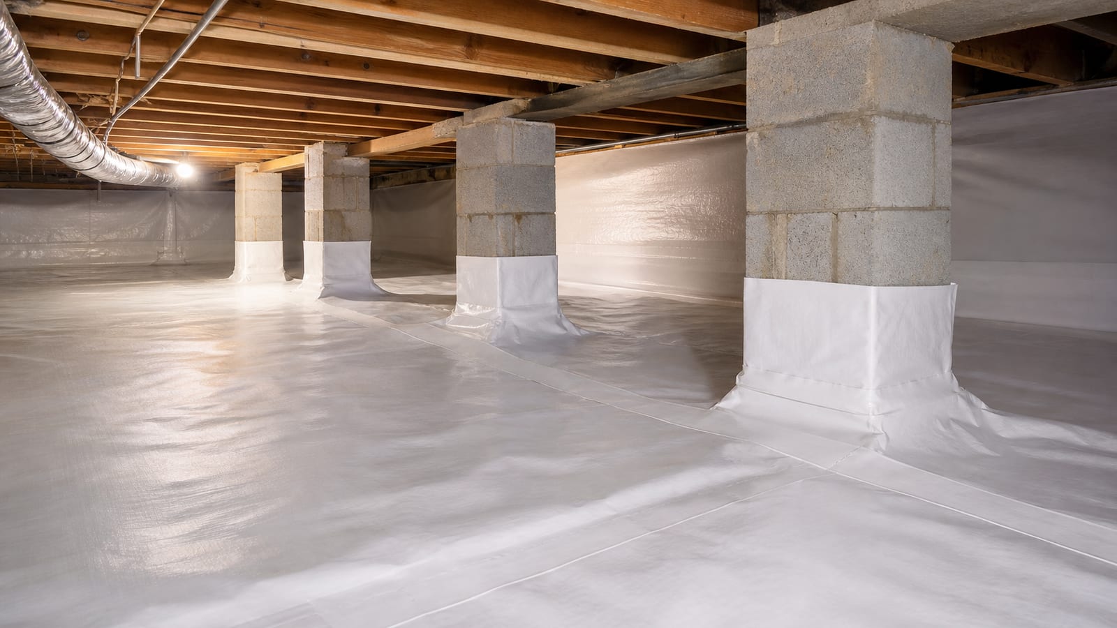 Clean crawl space ground liner with sealed seams and wrapped foundation piers