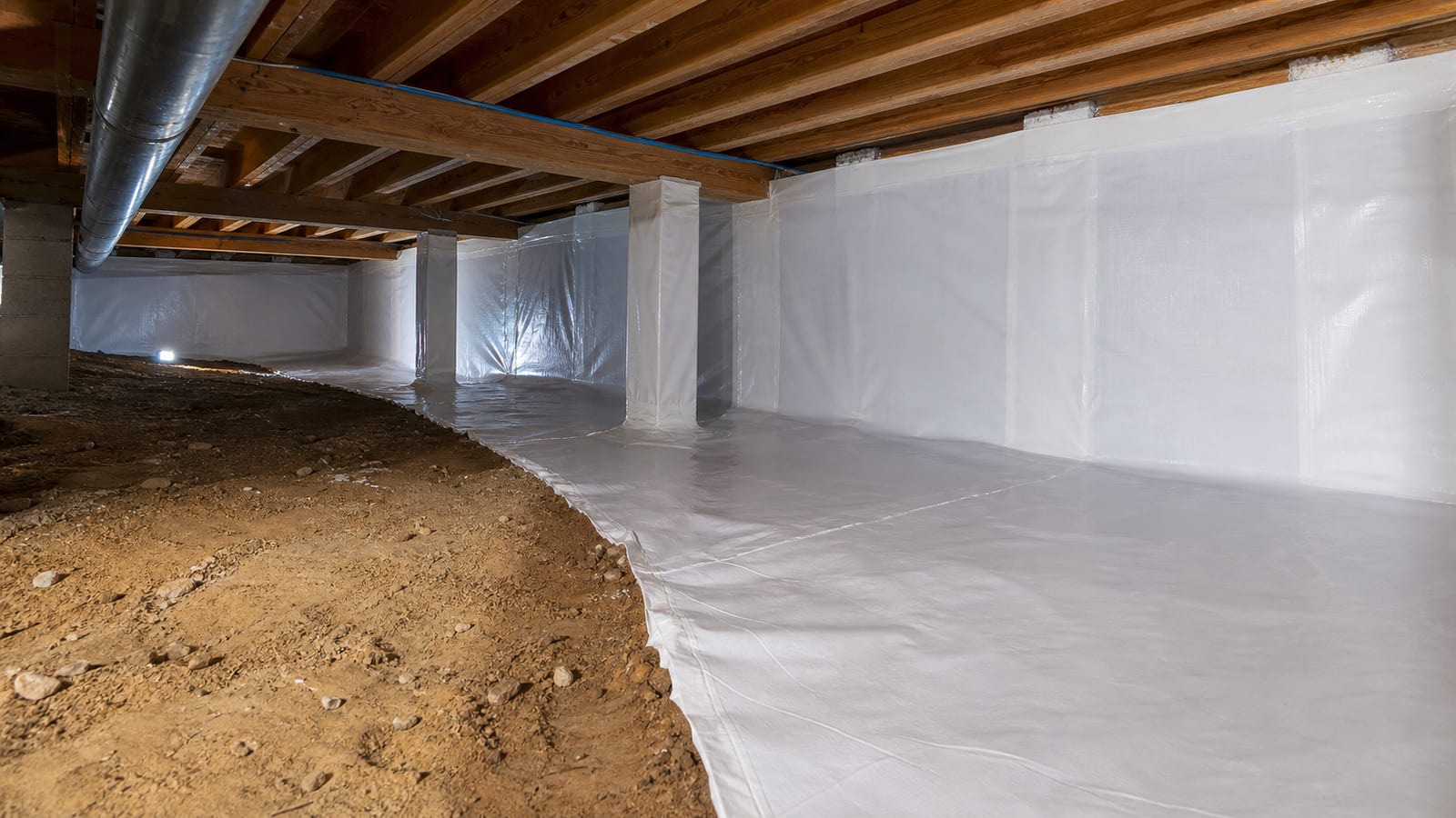 Exposed crawl space soil transitioning into a sealed ground and wall liner system