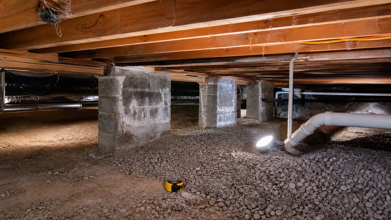 Crawl space repair contractor checking damaged floor framing beneath a Garner home