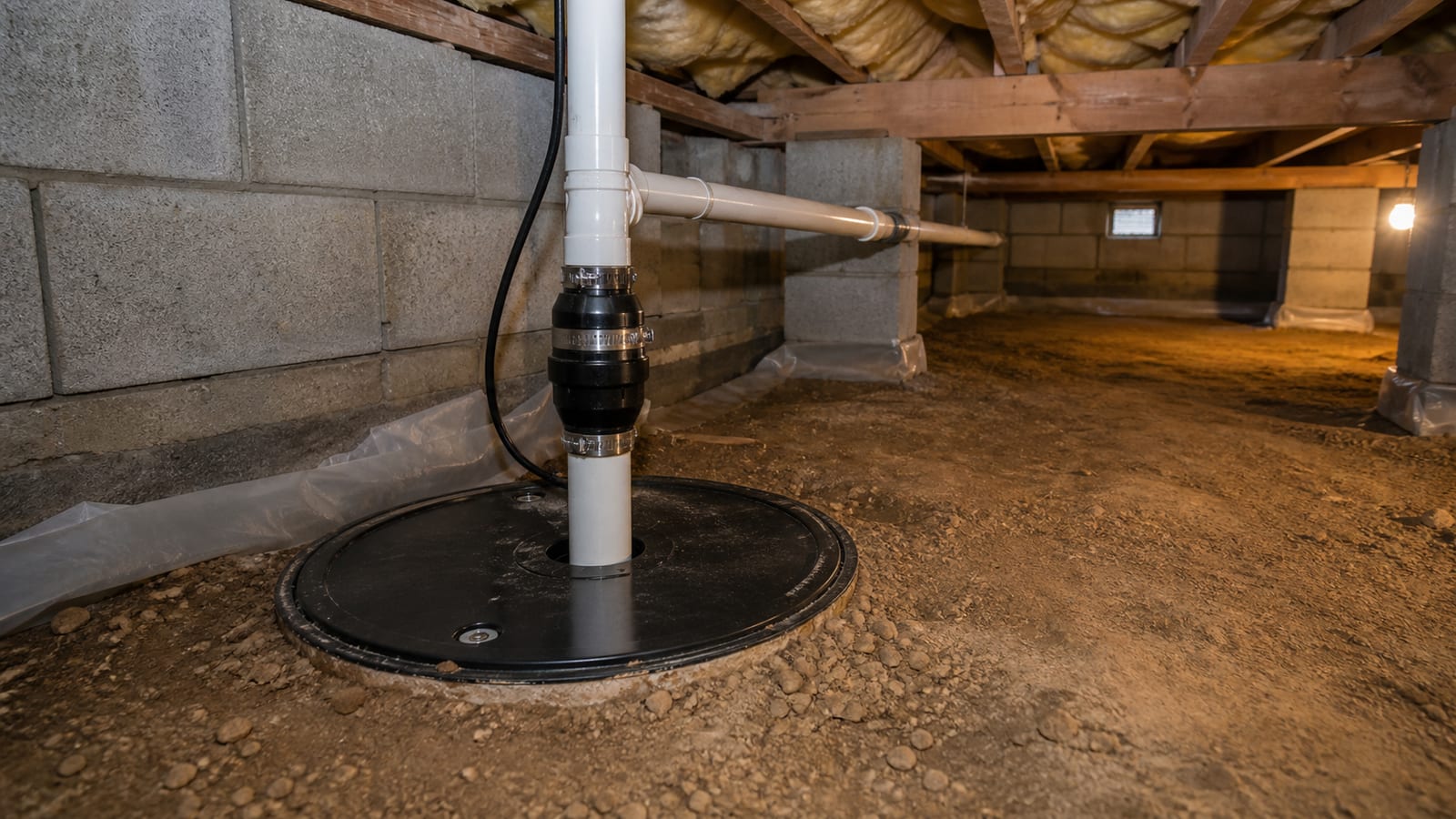 Sump pump crawl space installation with basin and drainage pipe
