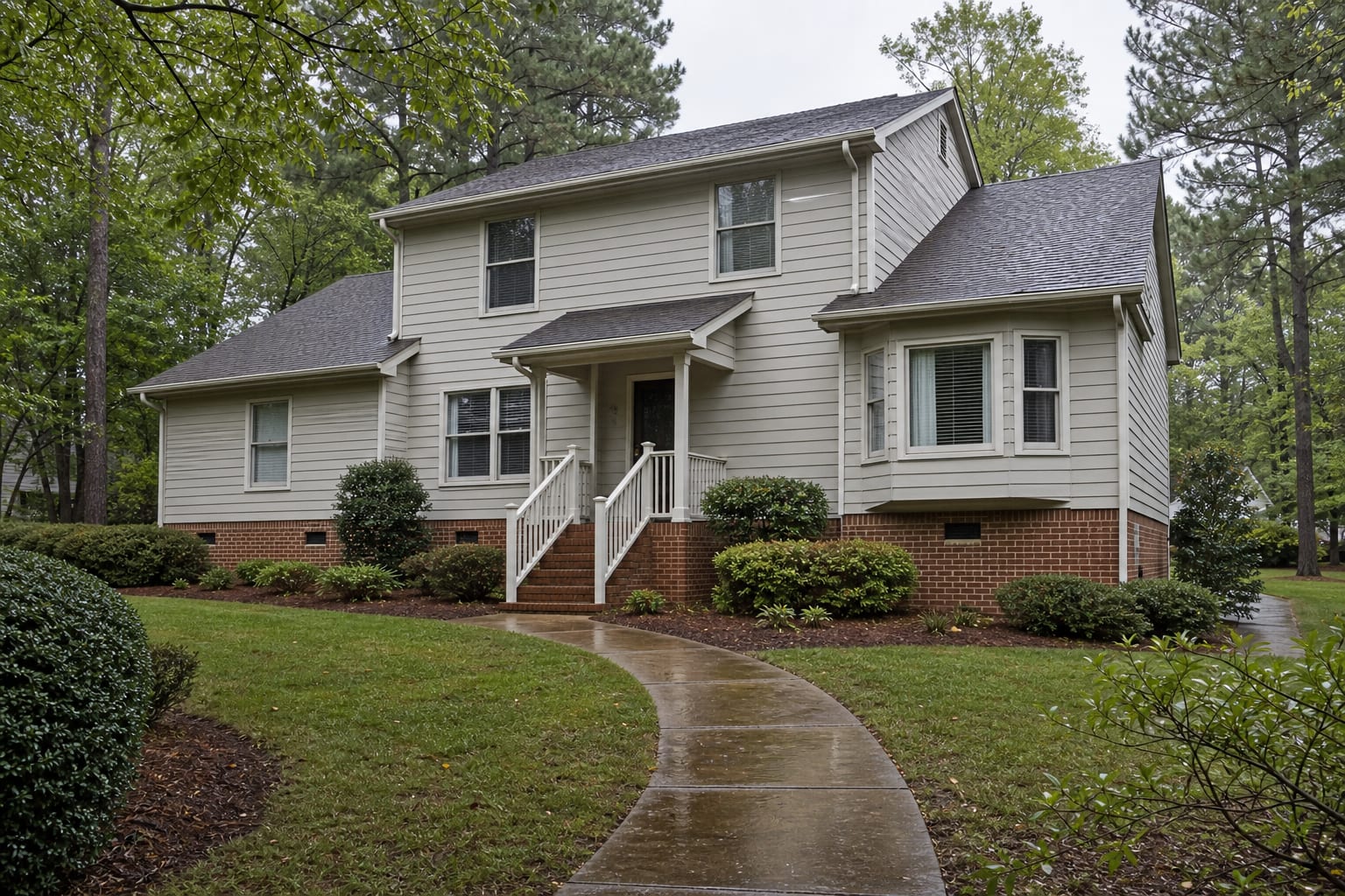 Landscaped suburban home with a vented brick crawl space foundation in overcast light