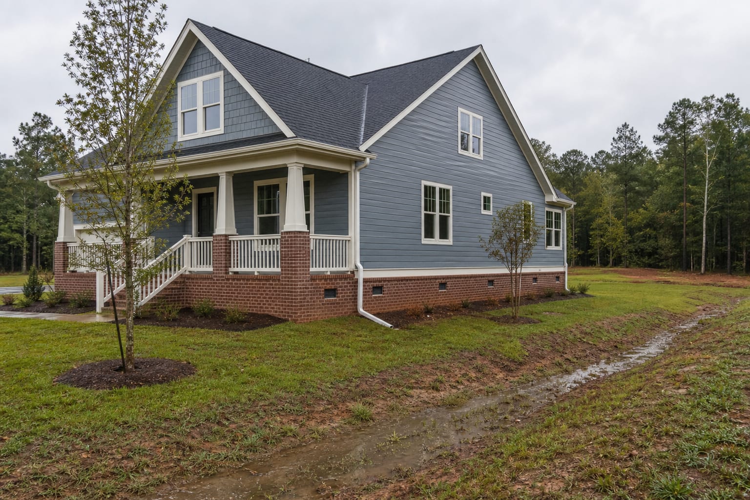Newer craftsman home with a brick crawl space foundation beside a wet drainage swale