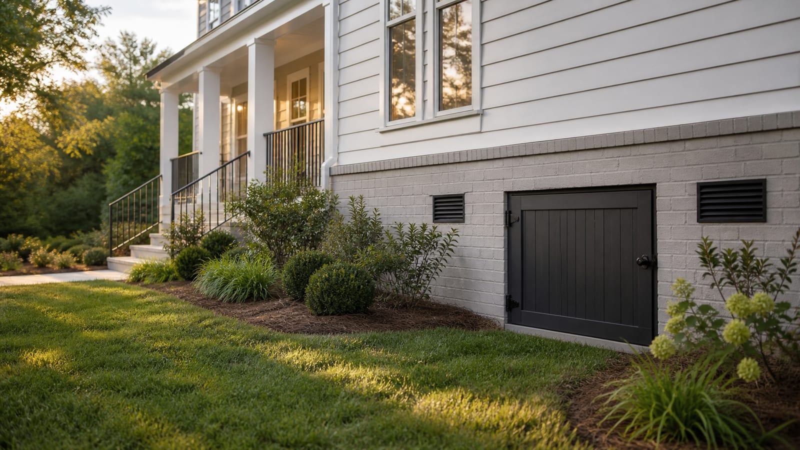 Residential home exterior with crawl space access