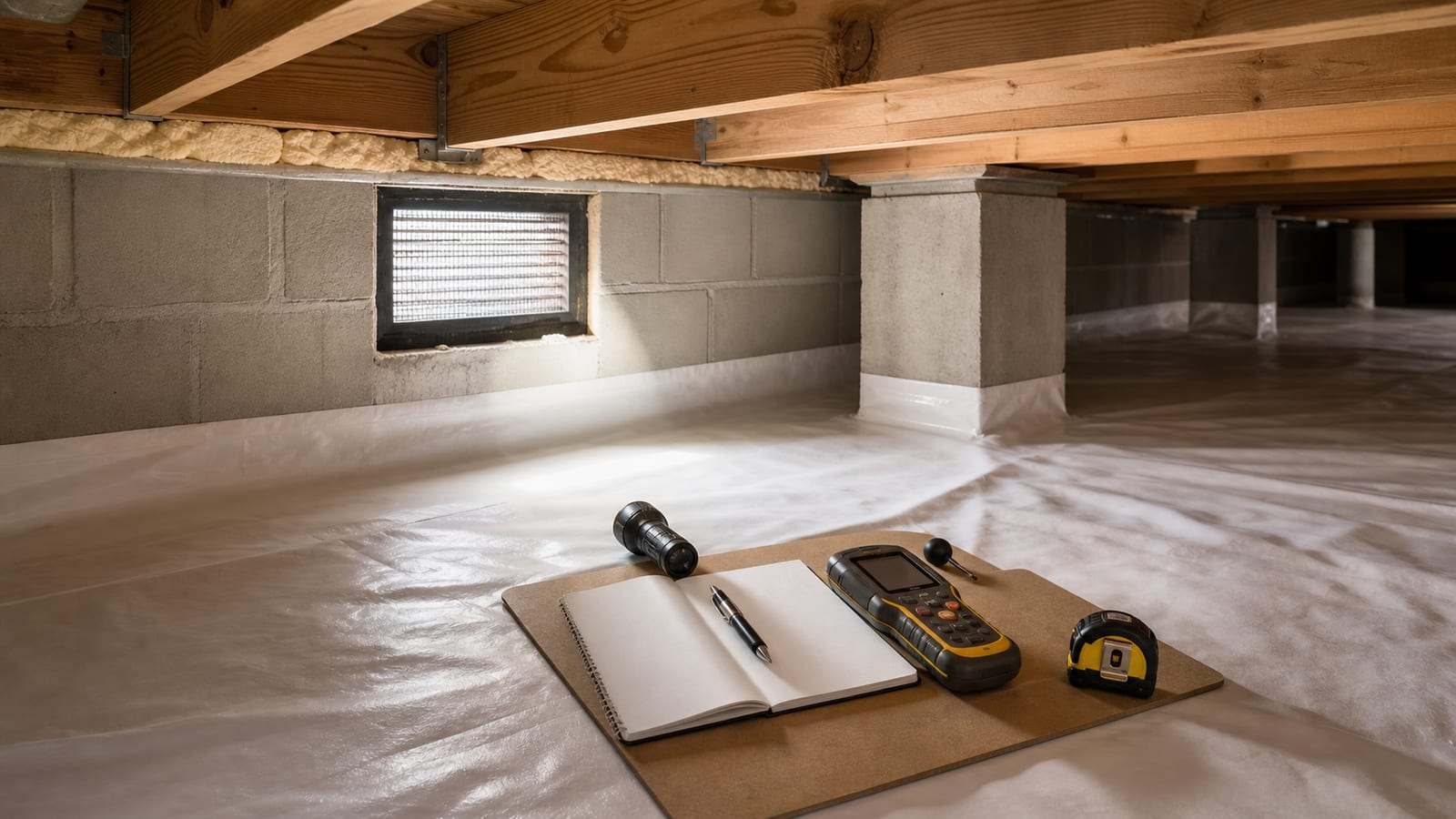 Crawl space inspection notebook, moisture meter, flashlight, tape measure, liner, and vent
